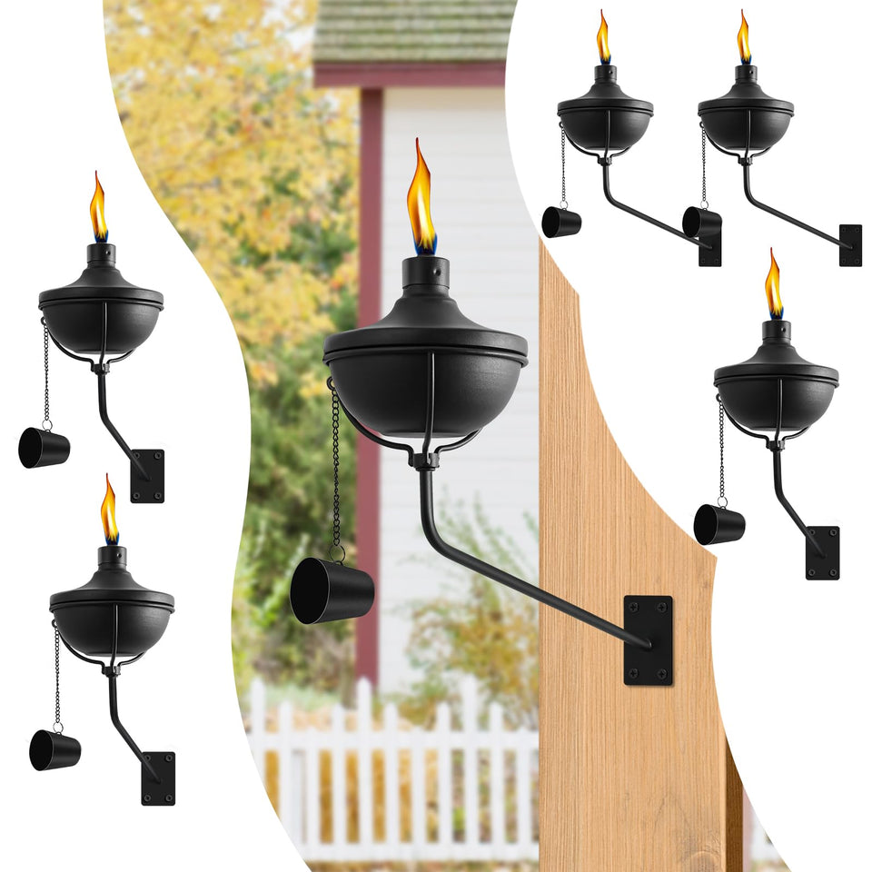 Fan-Torches wall mounted citronella torches create welcoming patio ambiance.