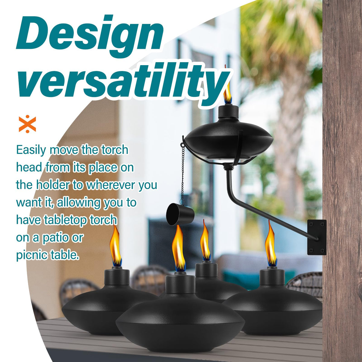 FAN-Torches weather-resistant metal construction with powder coating for seasons outdoors.