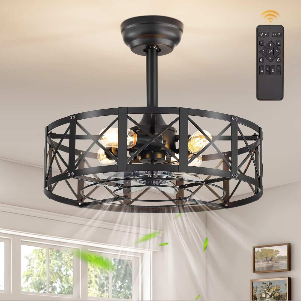 Fanbulous 20-inch fandelier with cage design and integrated lights for living spaces