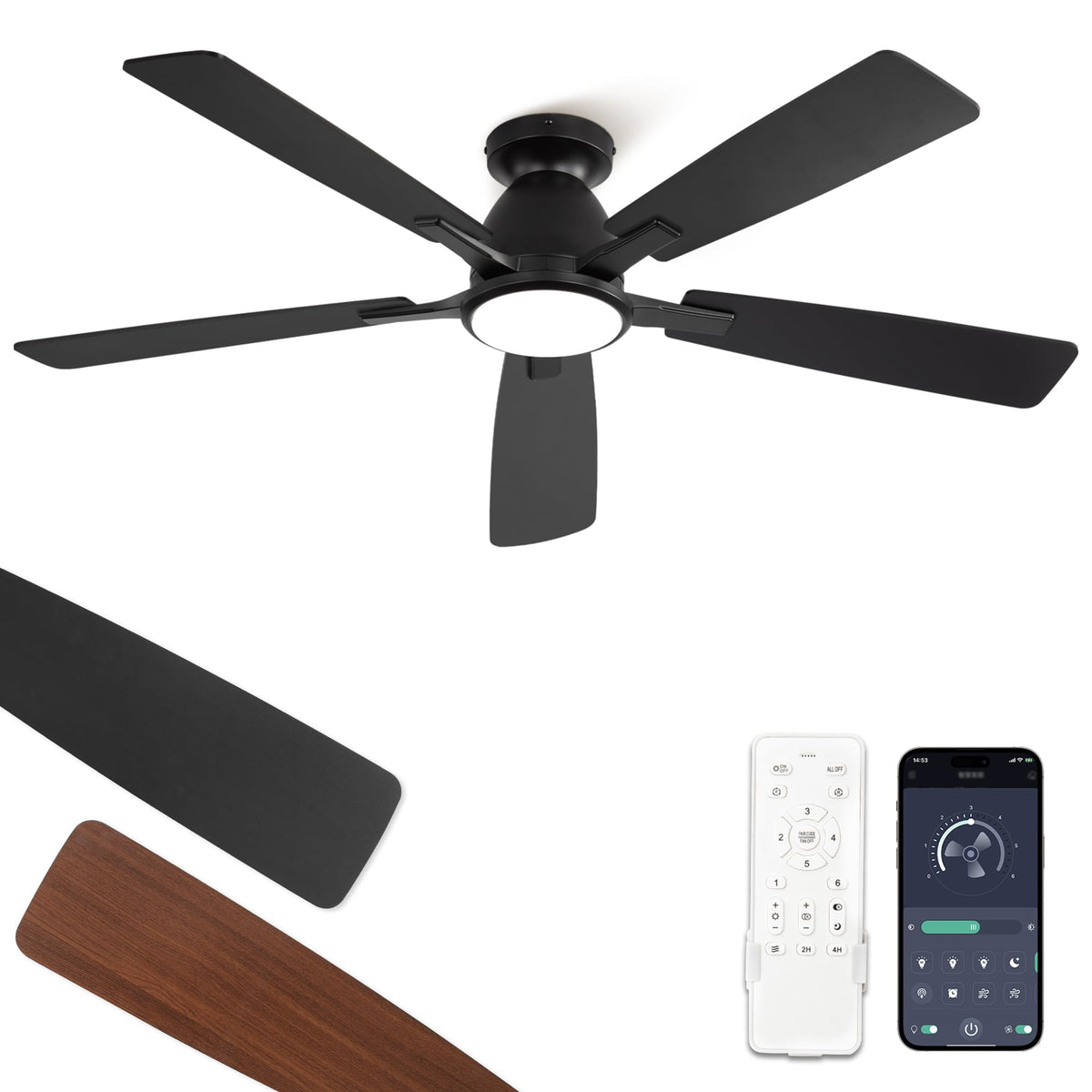 Fanbulous 52-inch ceiling fan with lights, front view, ideal for ambience in living rooms.