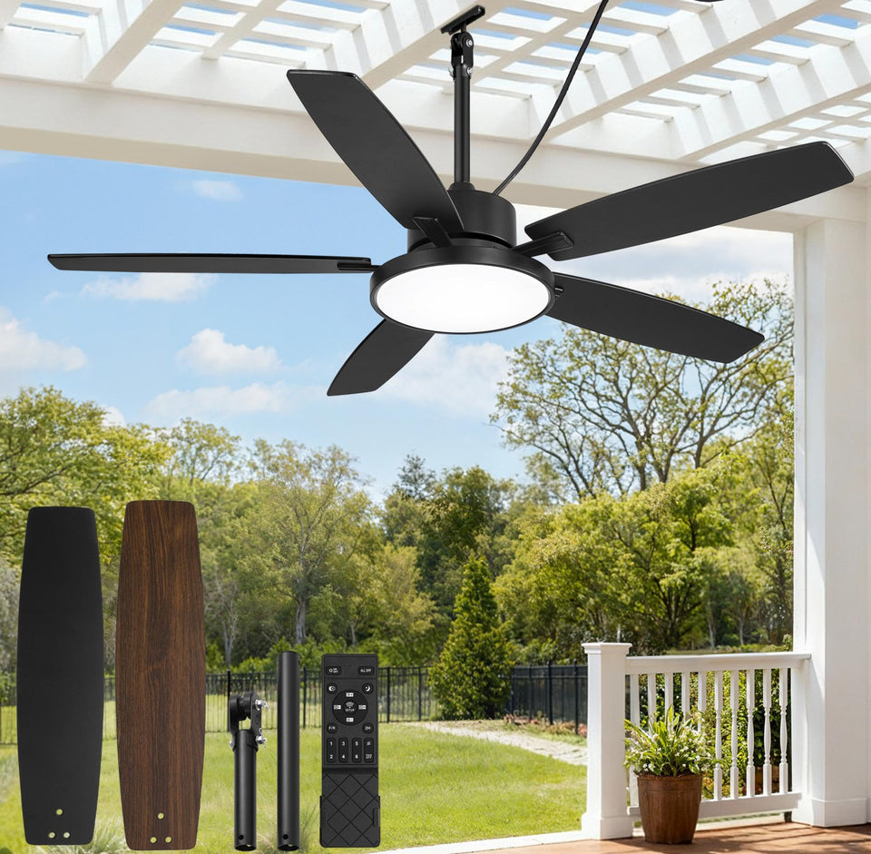 Fanbulous 52-inch outdoor ceiling fan with light and remote cools a black patio