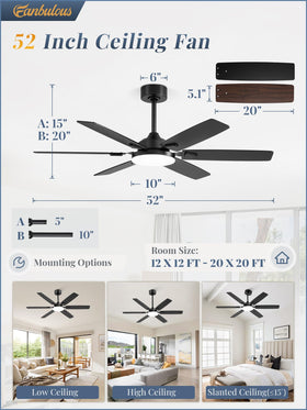 Fanbulous 52in fan with 5in, 10in, 15in downrods for flexible ceilings.