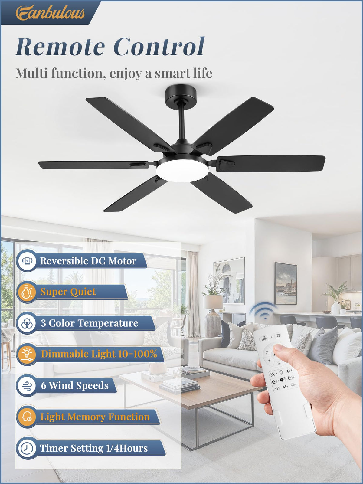 Fanbulous 52in ceiling fan lights side view with remote for easy adjustments.