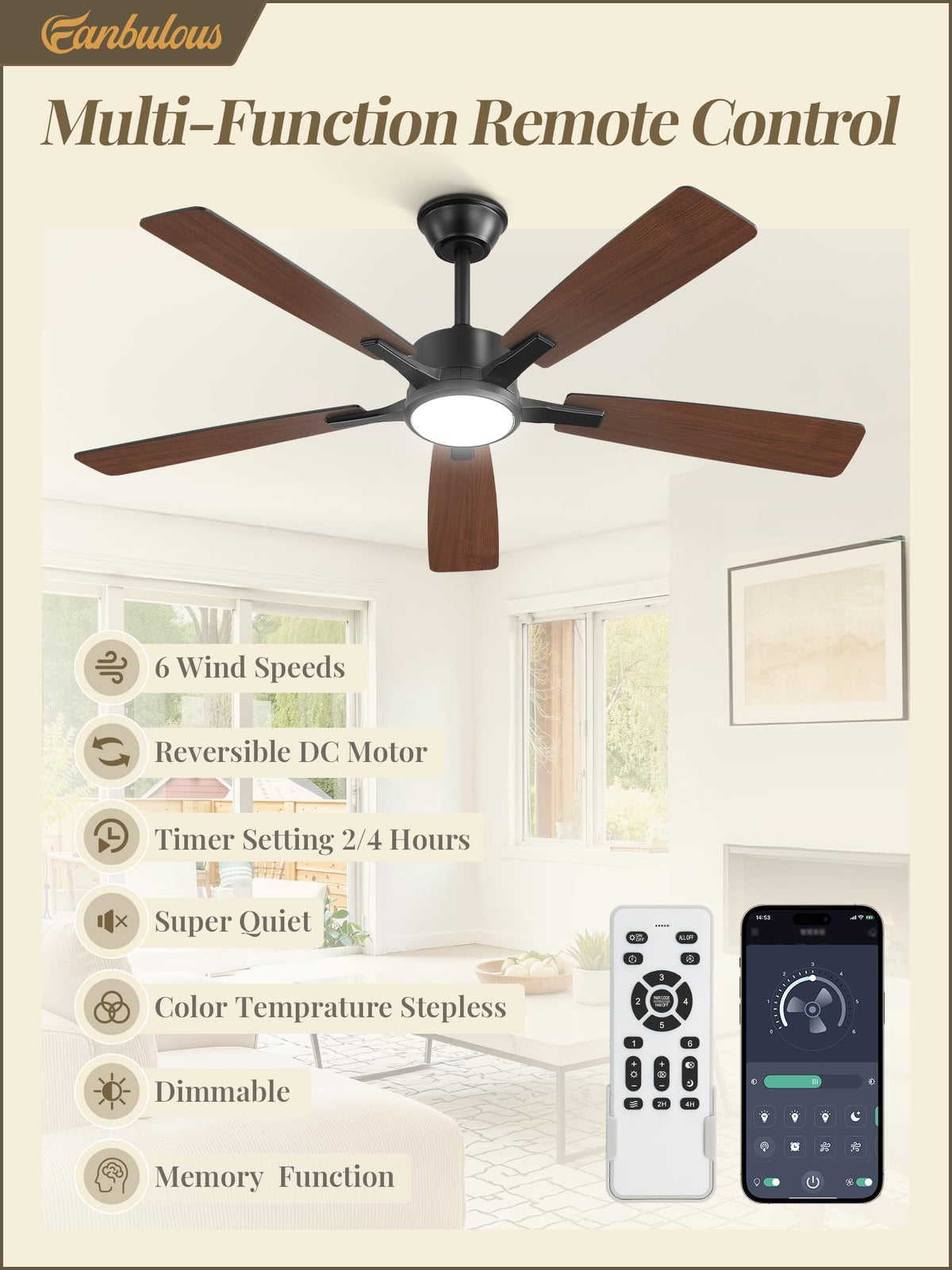 Fanbulous 52in ceiling fan with lights—installed in a living room for balanced airflow.