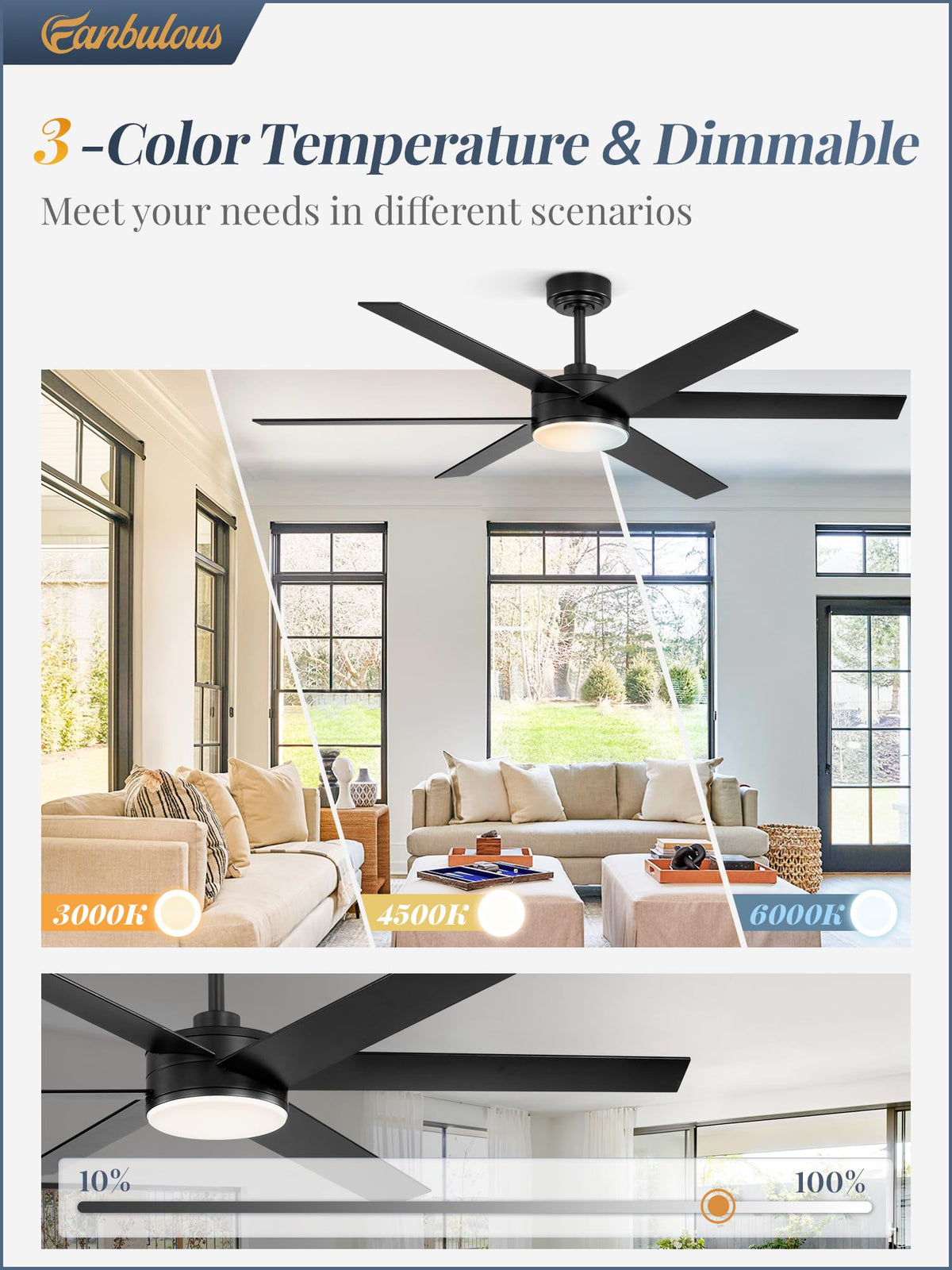 Fanbulous ceiling fan with 6 blades provides smooth airflow for indoors or covered outdoor spaces.
