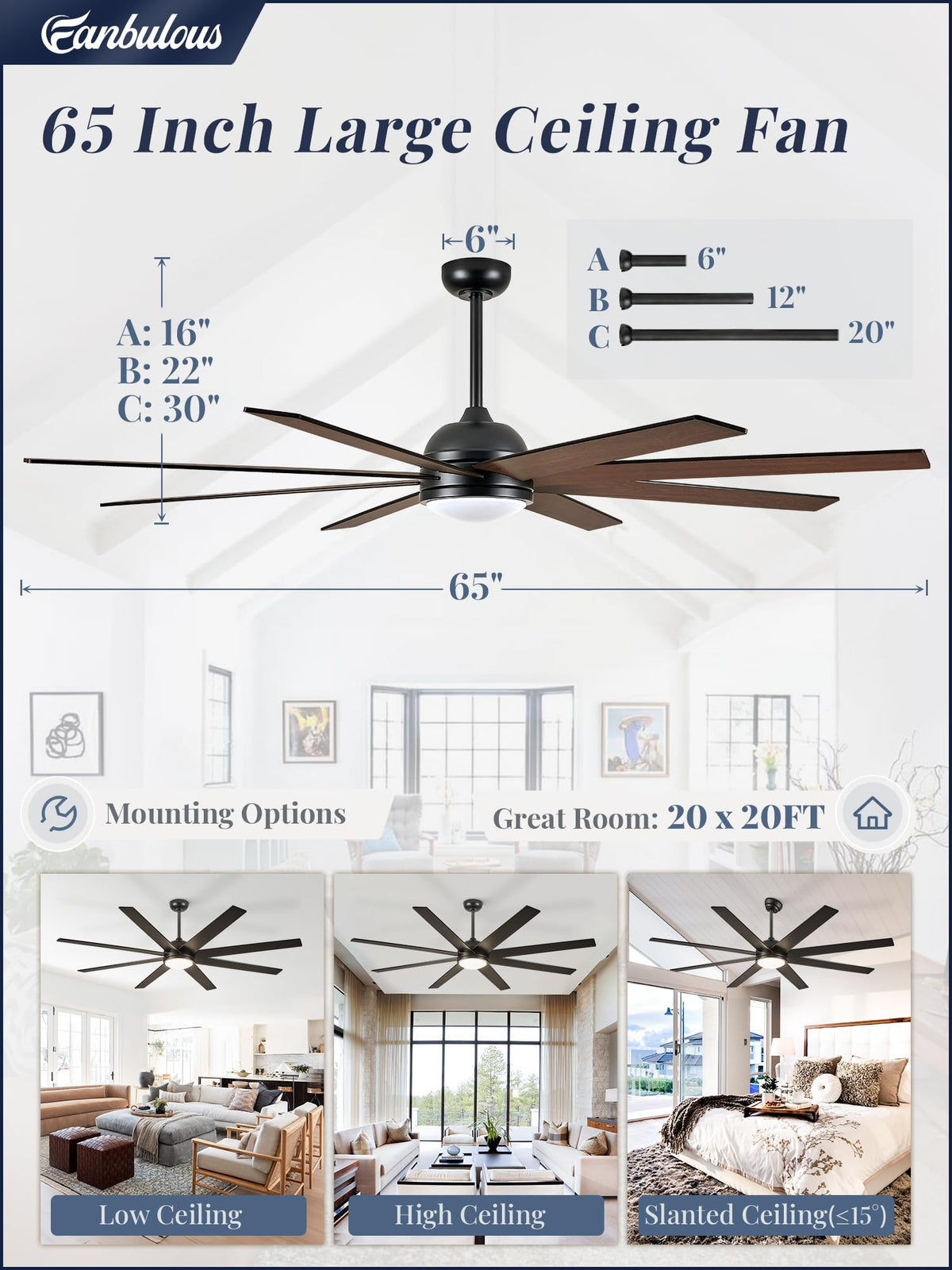 Fanbulous ceiling fan can be angle-mounted for sloped ceilings.