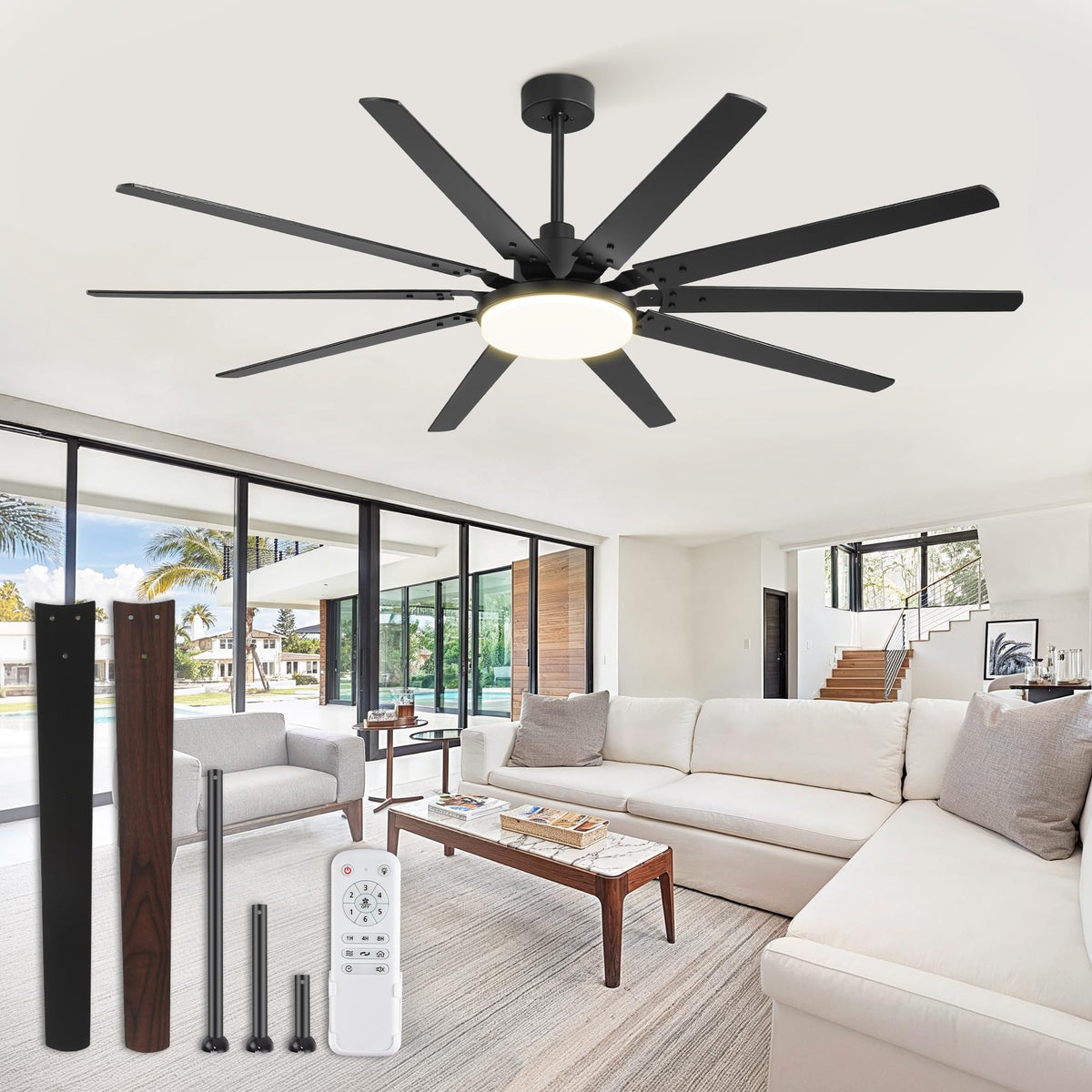 Fanbulous 72-inch ceiling fan with light, front view, bright illumination for living spaces.