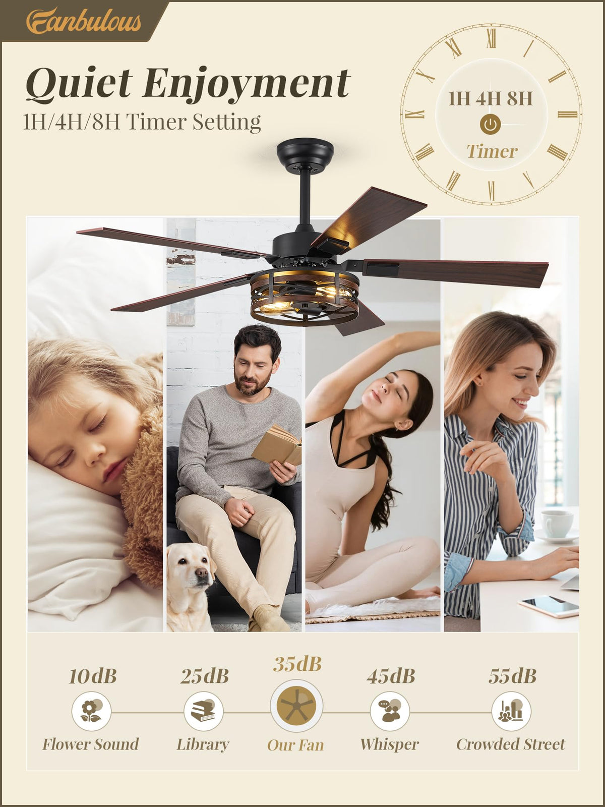 Fanbulous dual-finish five-blade design fits rustic living spaces.