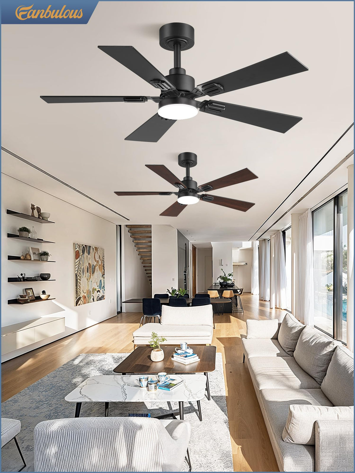 Fanbulous ceiling fan compatible with downrod mounting and sloped ceilings.
