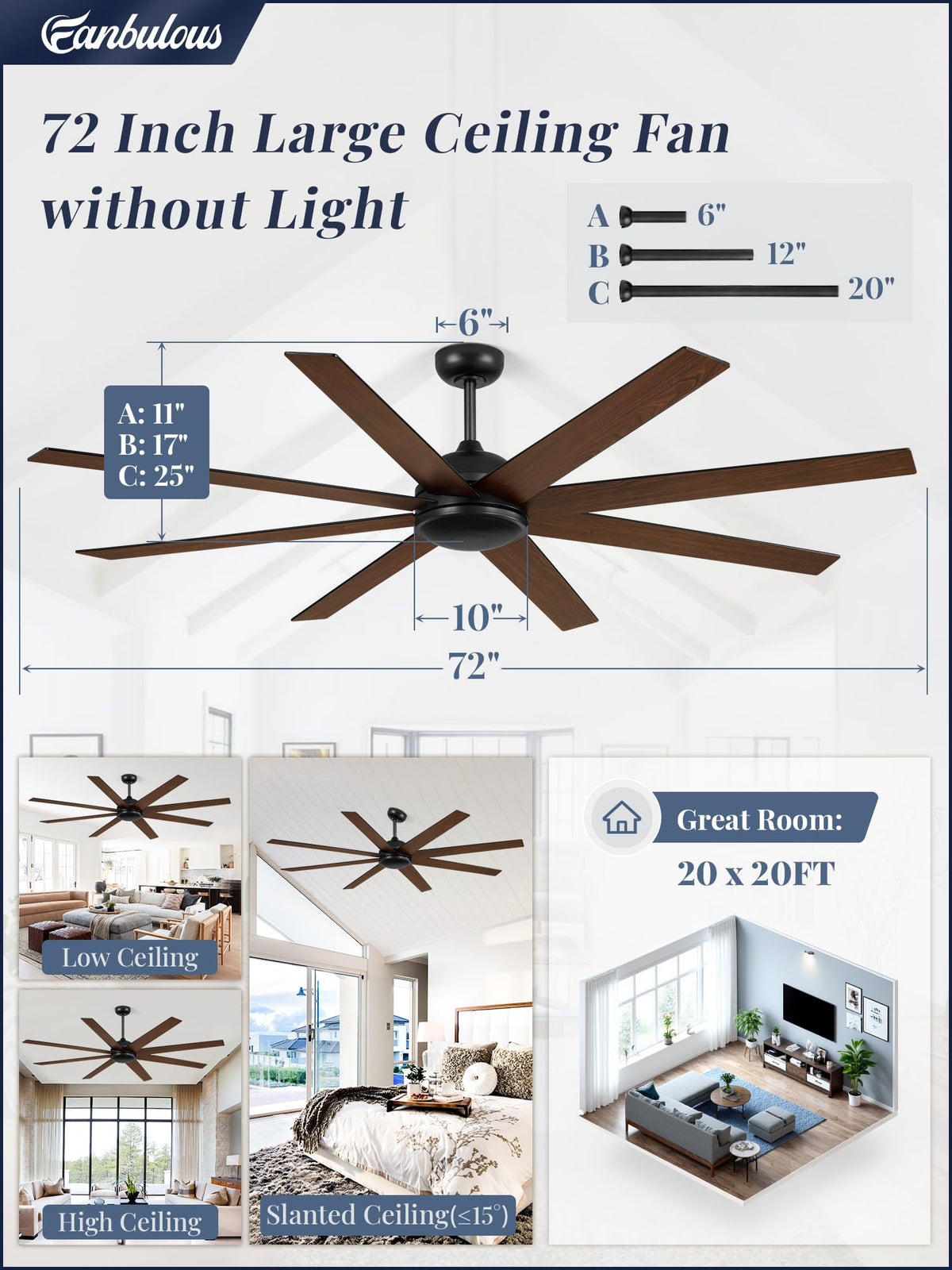 Fanbulous adjustable downrods 6/12/20 inches fit varied ceiling heights.