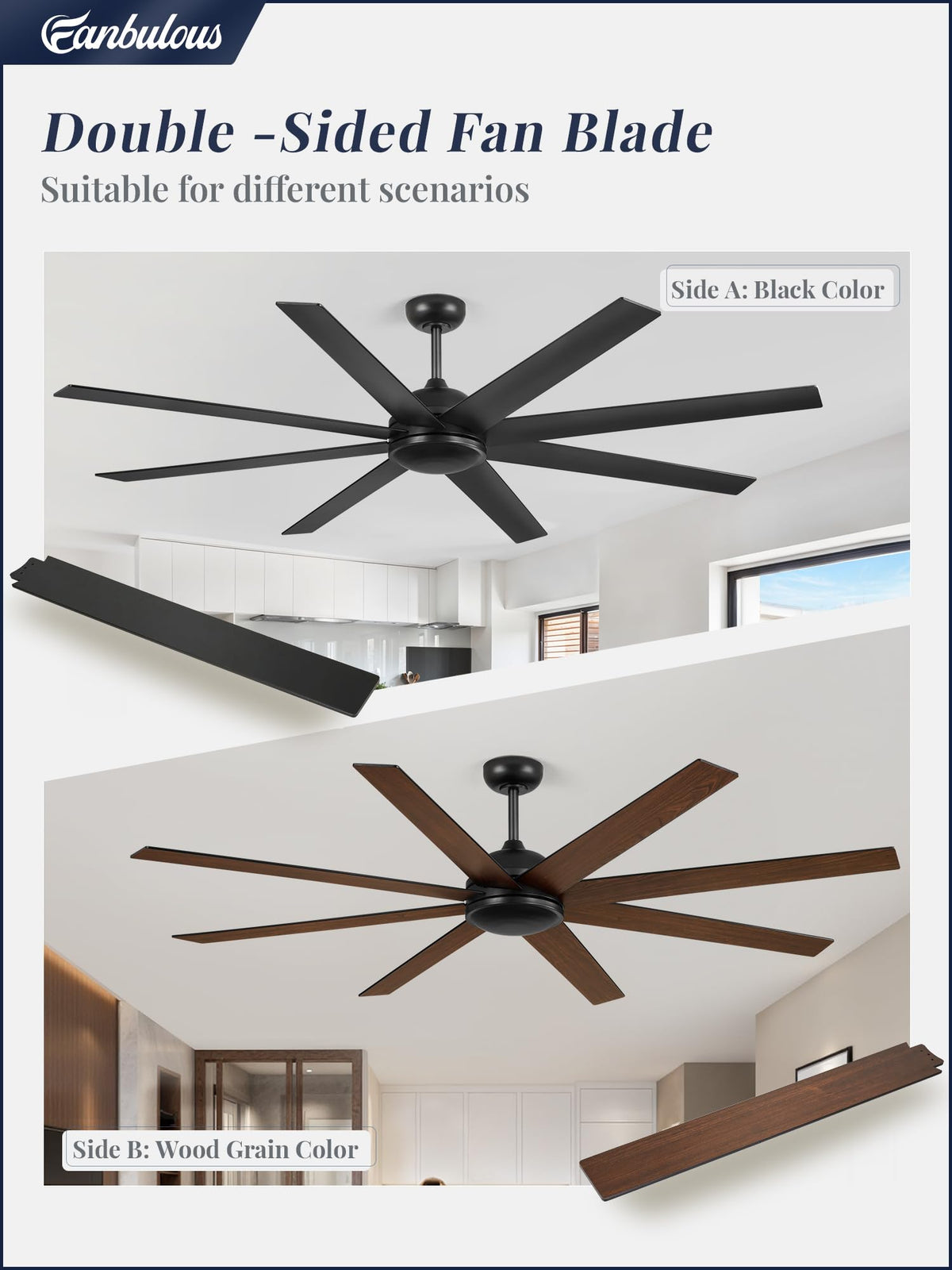 Fanbulous dual-finish blades in black and wood grain suit seasonal decor.