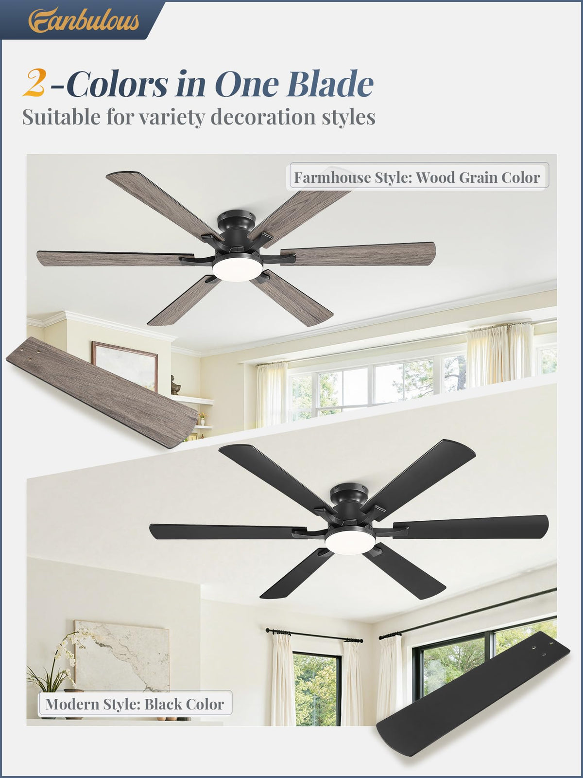 Fanbulous dual-finish blades in black and wood grain for versatile styling.