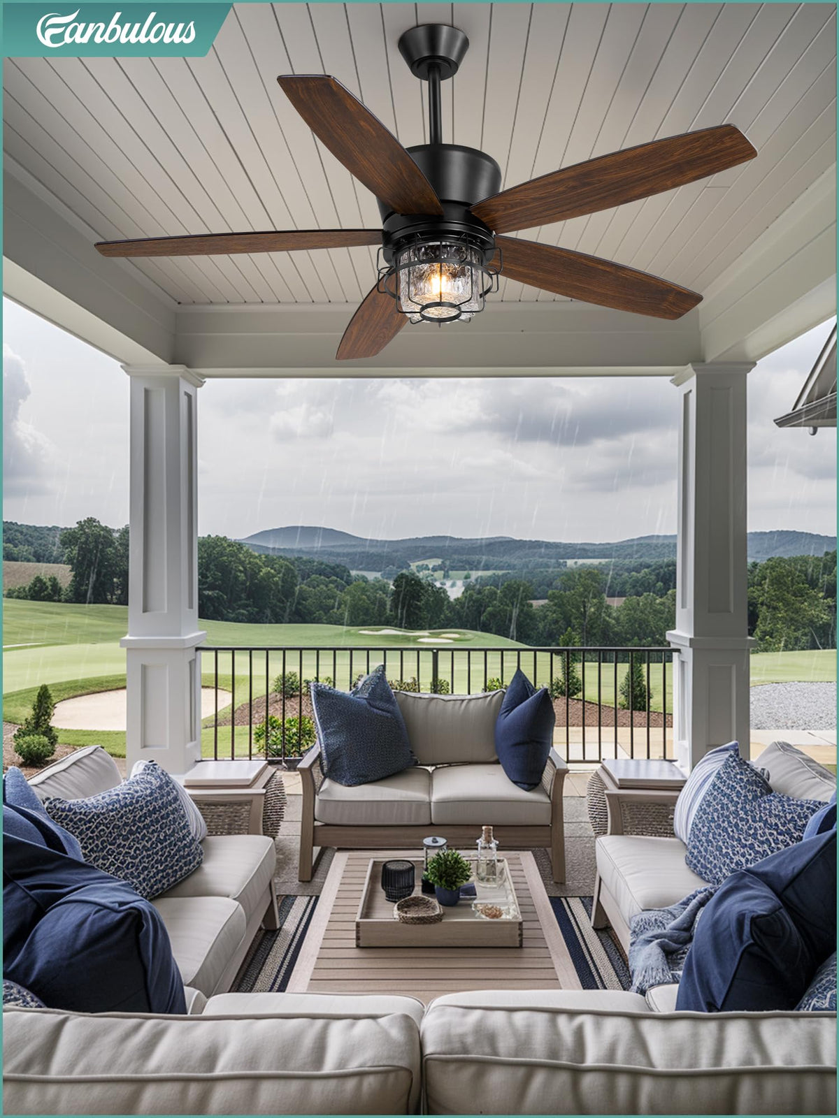 Fanbulous easy-install outdoor ceiling fan for gazebo or patio in black.