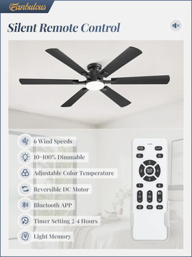 Fanbulous flush-mount low-profile ceiling fan shown in a compact ceiling setting for small spaces.