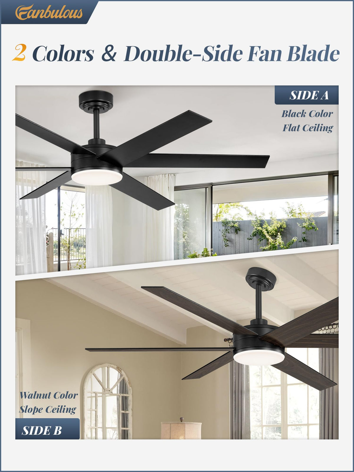Fanbulous two-color blades adapt to decor while delivering quiet operation under 35dB.