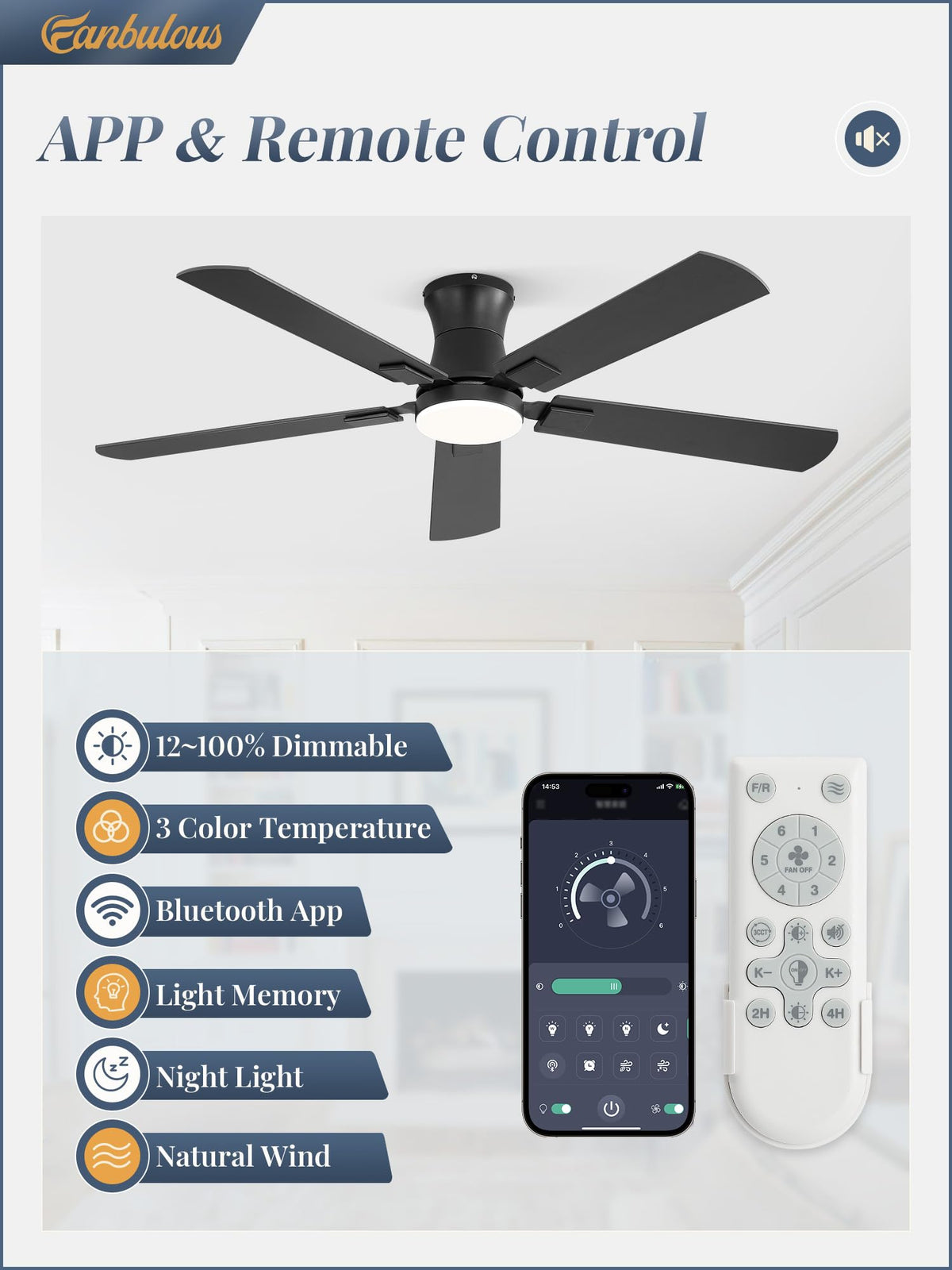 Fanbulous low-profile flush mount ceiling fan with light for quiet bedroom cooling