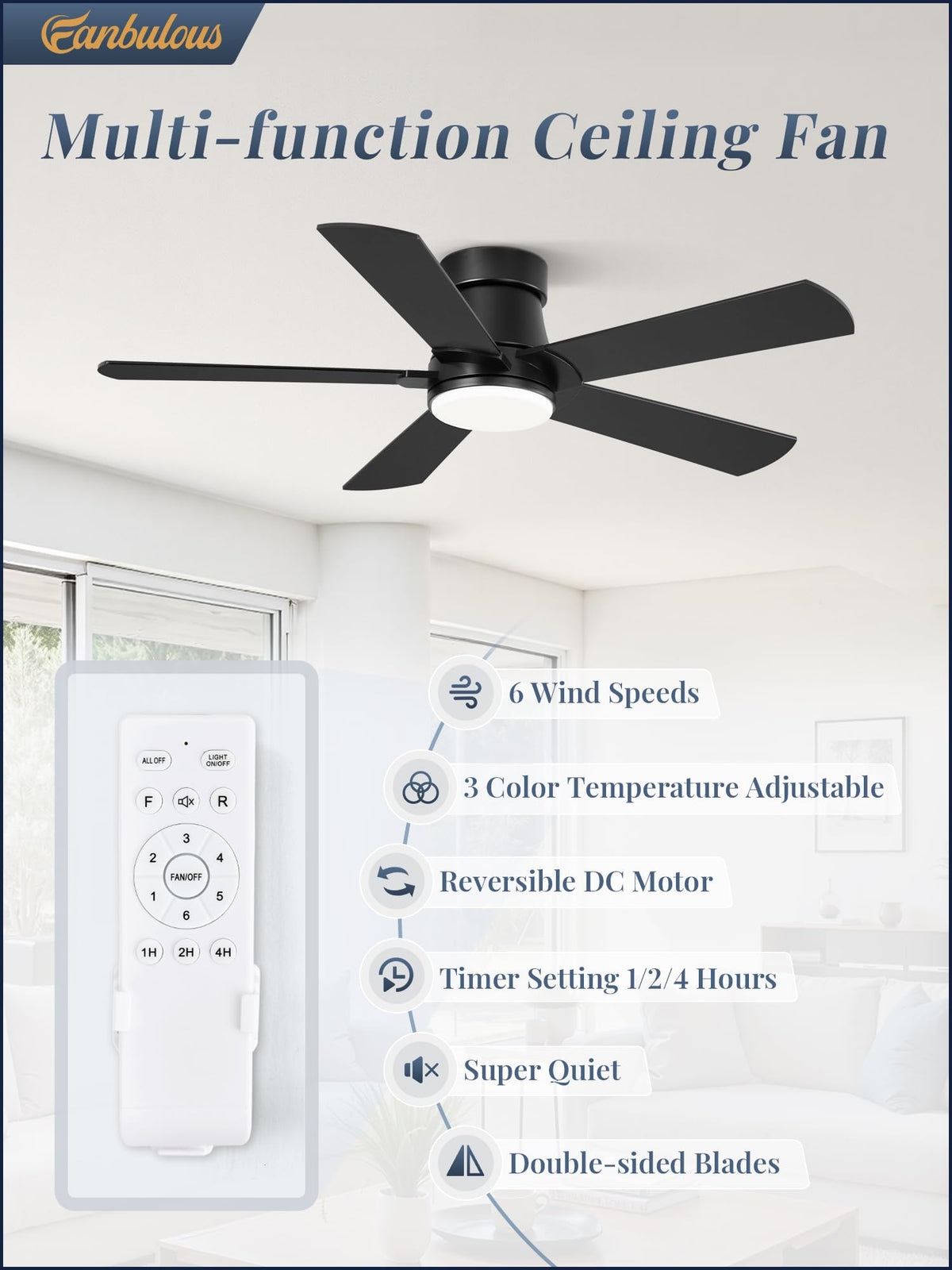 Fanbulous low-profile flush mount ceiling fan blends into ceilings, ideal for low-clearance spaces.
