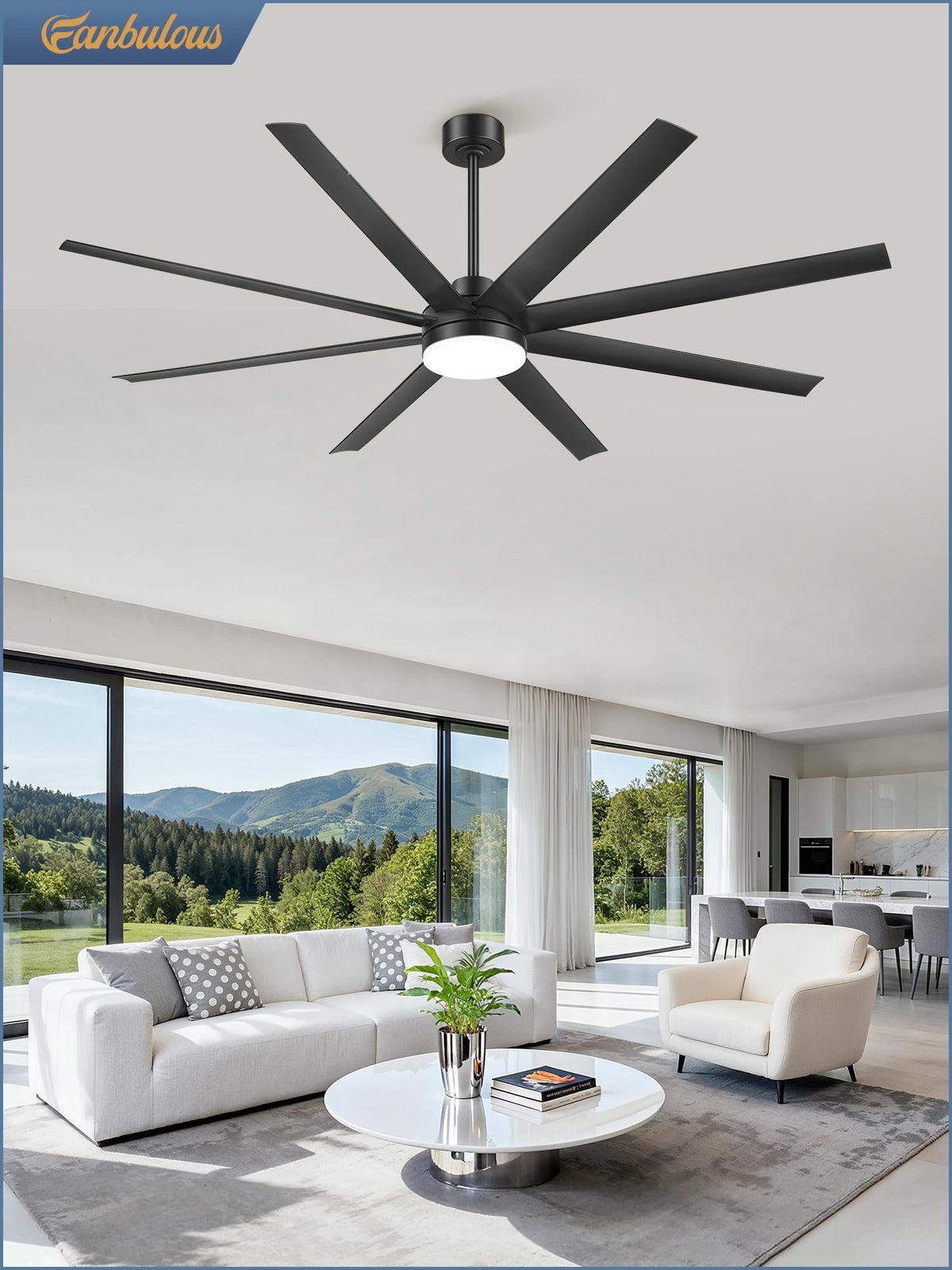 Fanbulous modern black finish suits living rooms, kitchens, and patios.