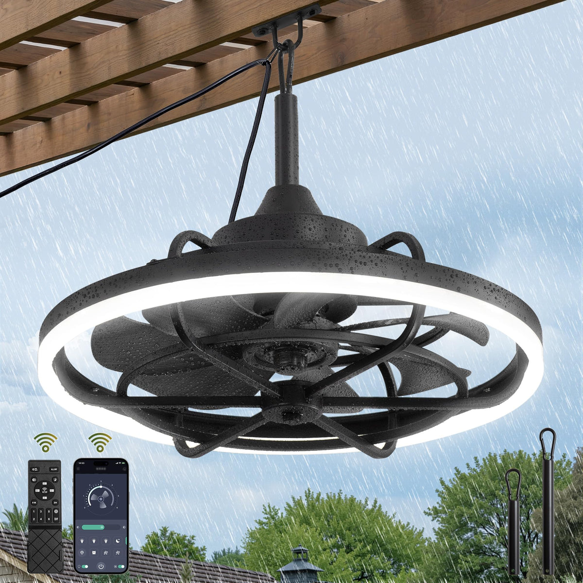 Fanbulous outdoor ceiling fan with light for patios, 24-inch, cooling and ambient illumination.