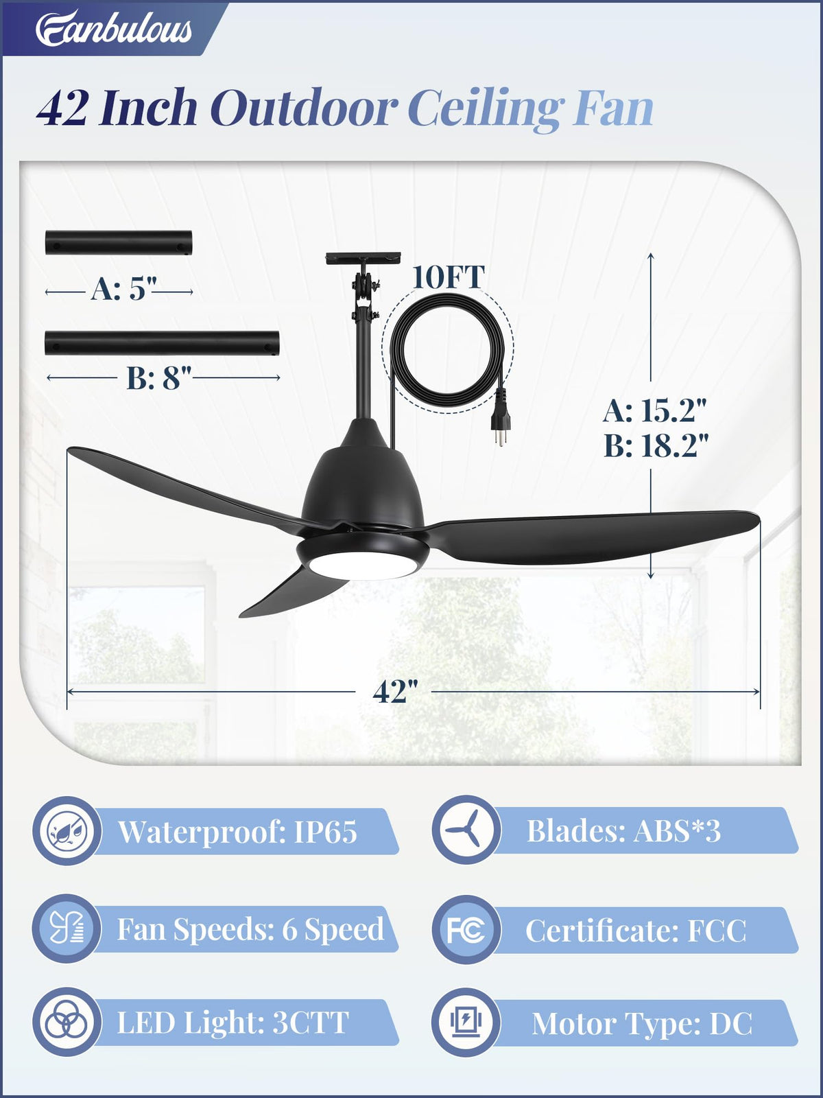 Fanbulous remote and app control for convenient outdoor lighting and fan speed.