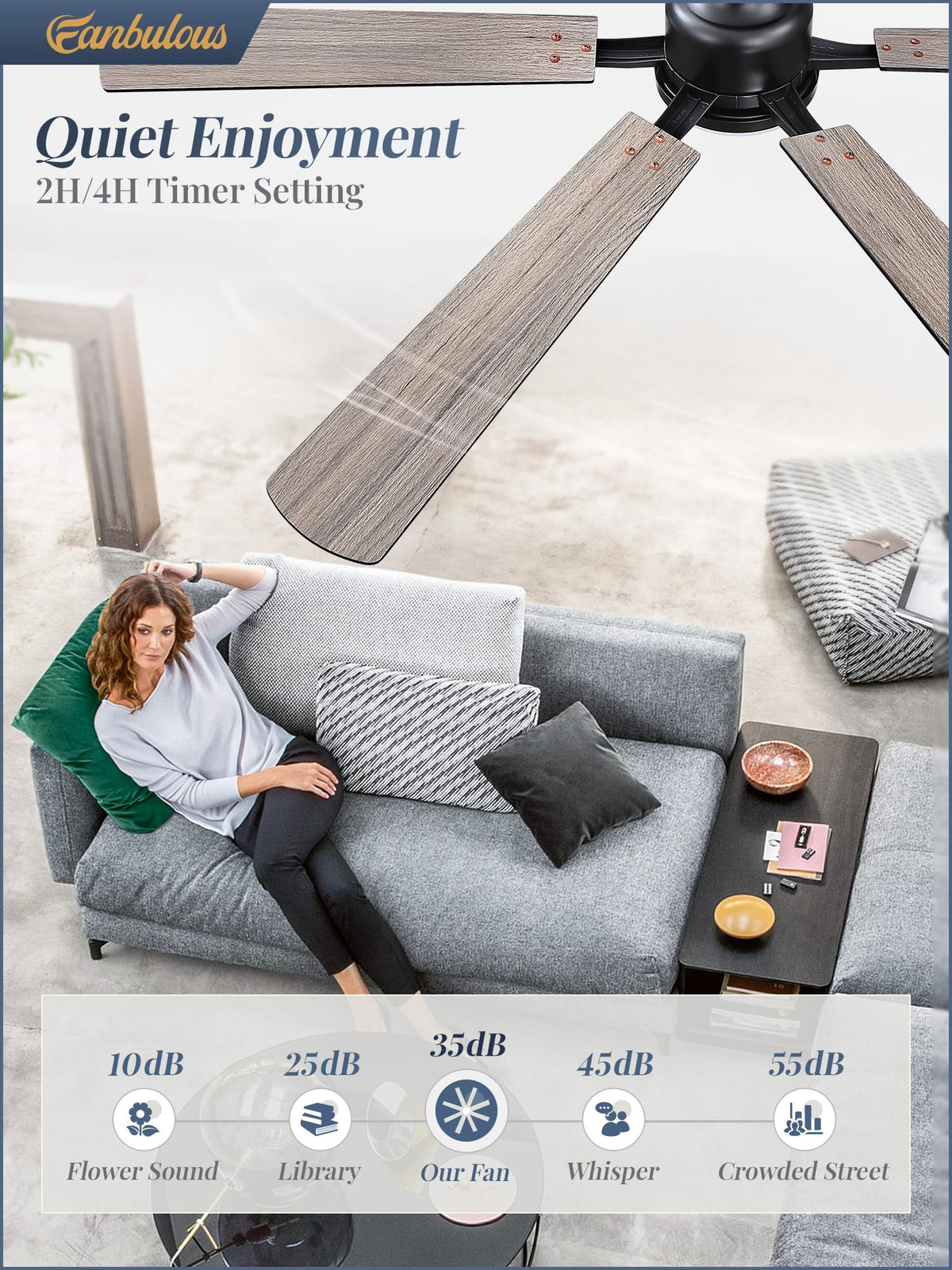 Fanbulous remote and app control showcasing six-speed settings and color temperature options.