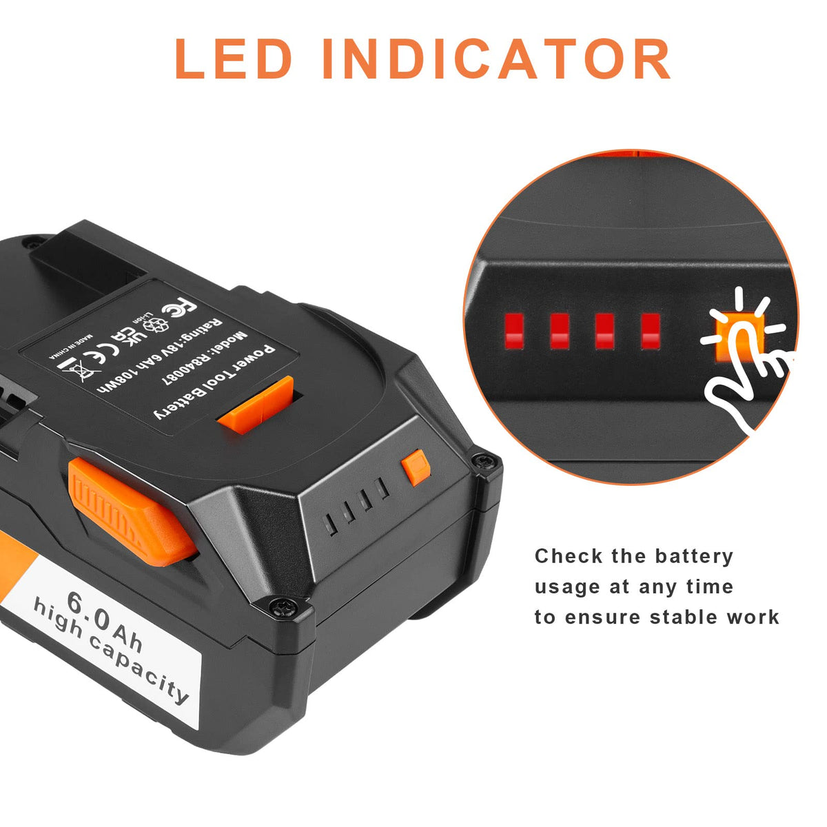 Fancy Buying 6.0Ah Ridgid battery LED indicator highlights charge level at a glance.