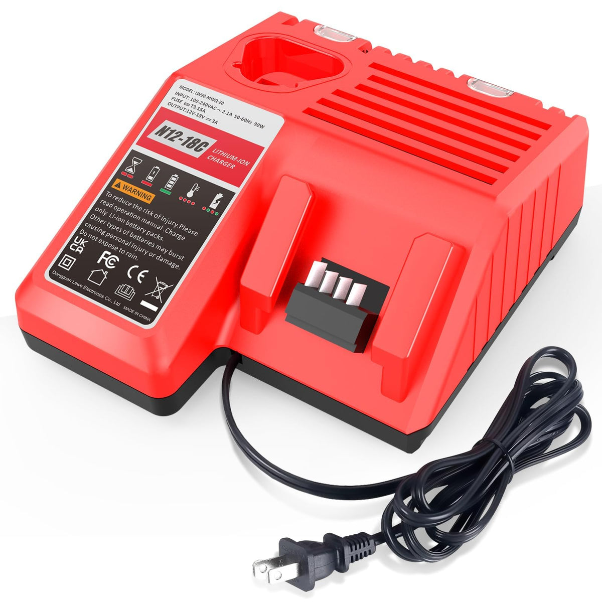 Fancy Buying rapid charger front view for Milwaukee M12 M18, fast charging ready.
