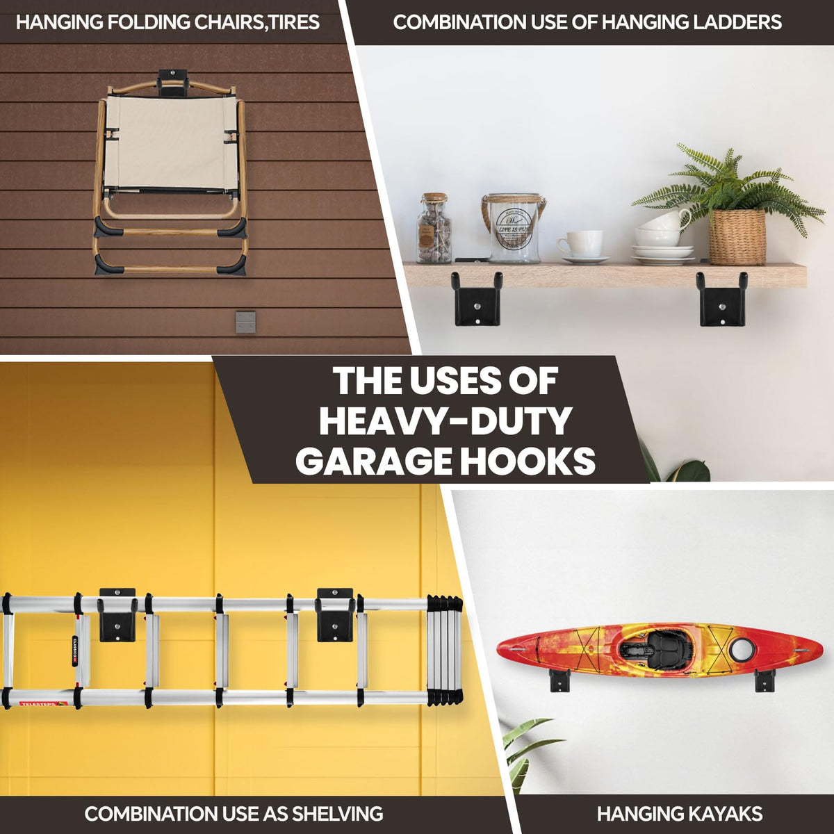 FancyEagle 4-pack garage hooks save space by tidying cords and ladders.