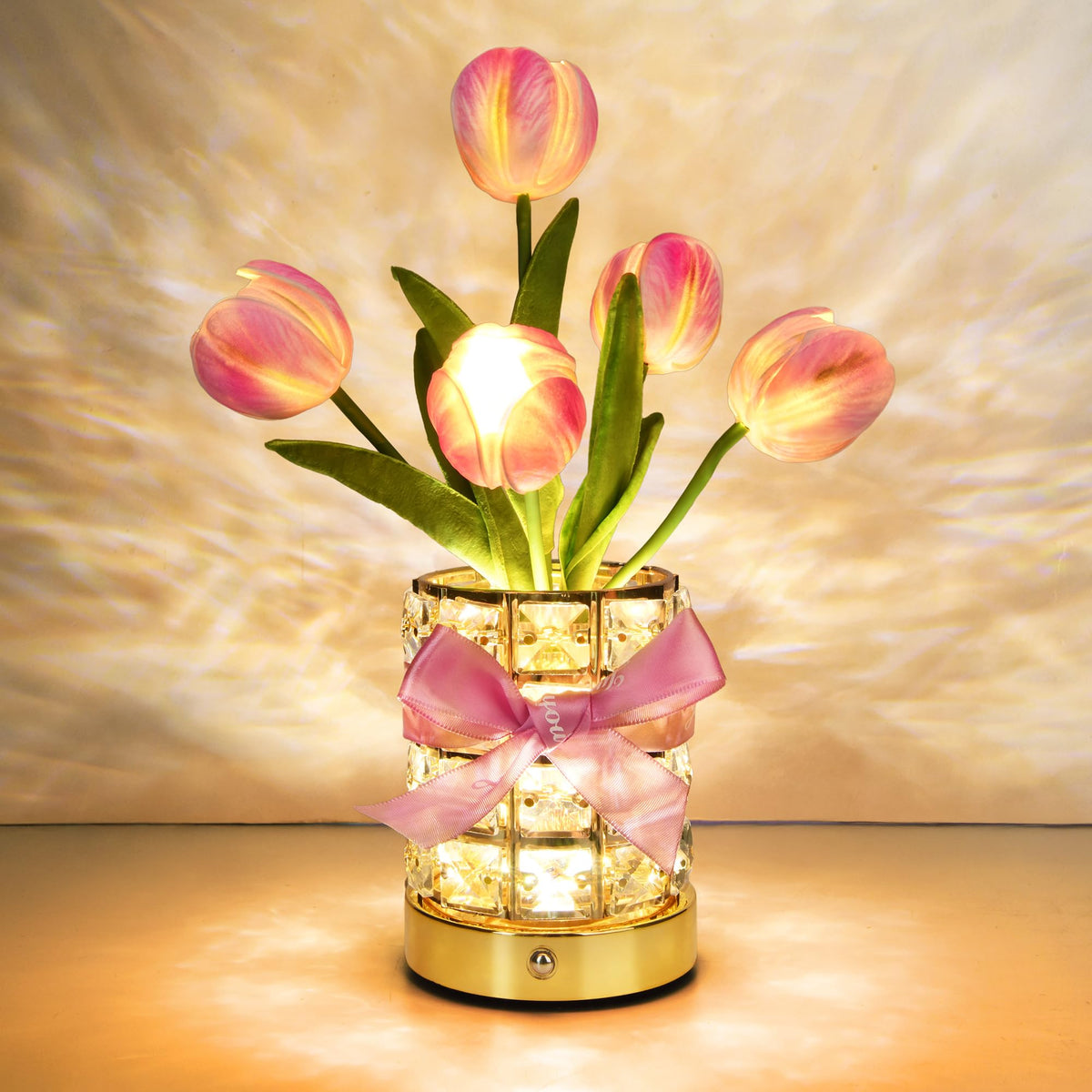 FancyPlus Tulip Flower Lamp in crystal vase enhances elegant ambiance.
