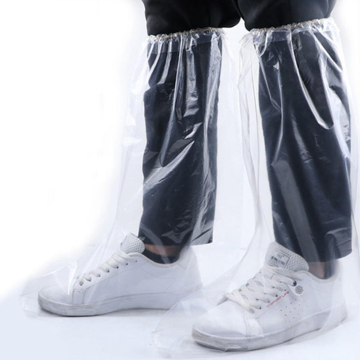 Fancystyle disposable boot covers in clear 19-inch tall design for cleanroom-style protection