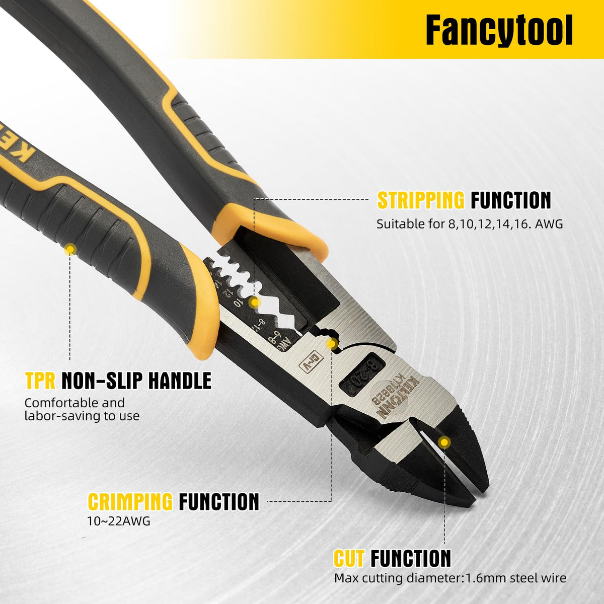 Fancytool diagonal pliers stripping insulation from assorted wires with ease.