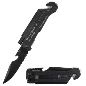 Fanfoobi knife in use with fire starter ready for outdoor camping.