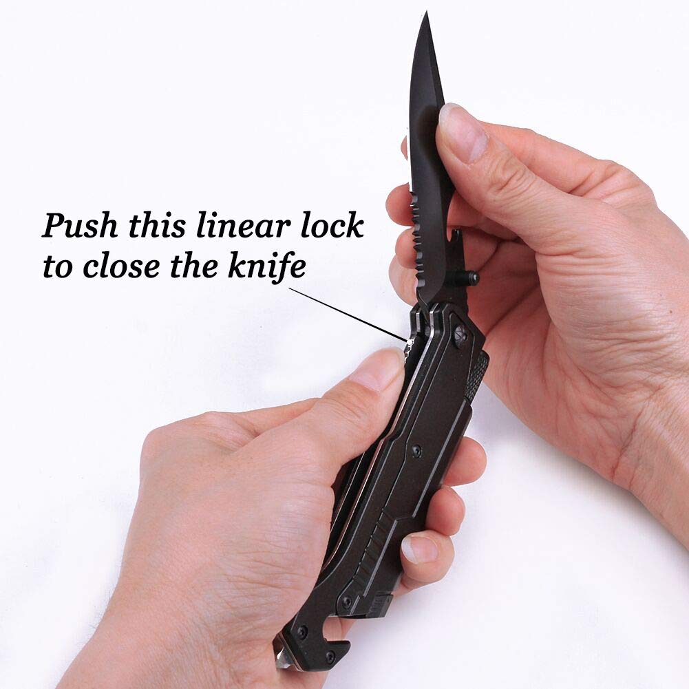 Fanfoobi knife featuring seat belt cutter and glass breaker for emergencies.