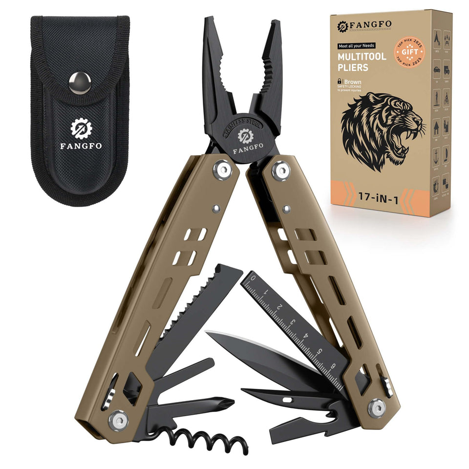 Fangfo 17-in-1 multitool in hand with pocket knife for quick tasks.