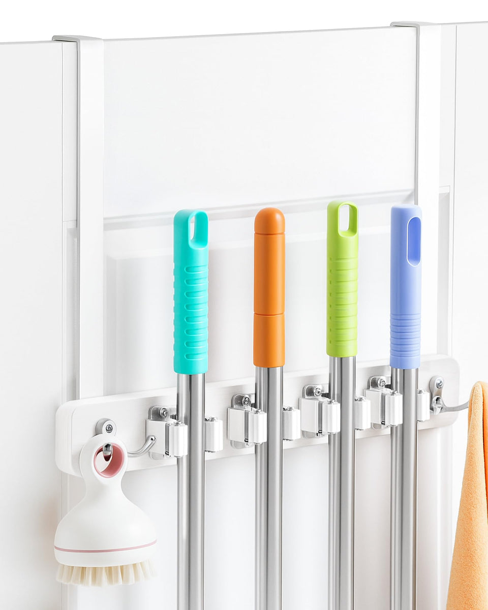 FANGSUN broom holder on door with no-drill installation for clutter-free laundry space.
