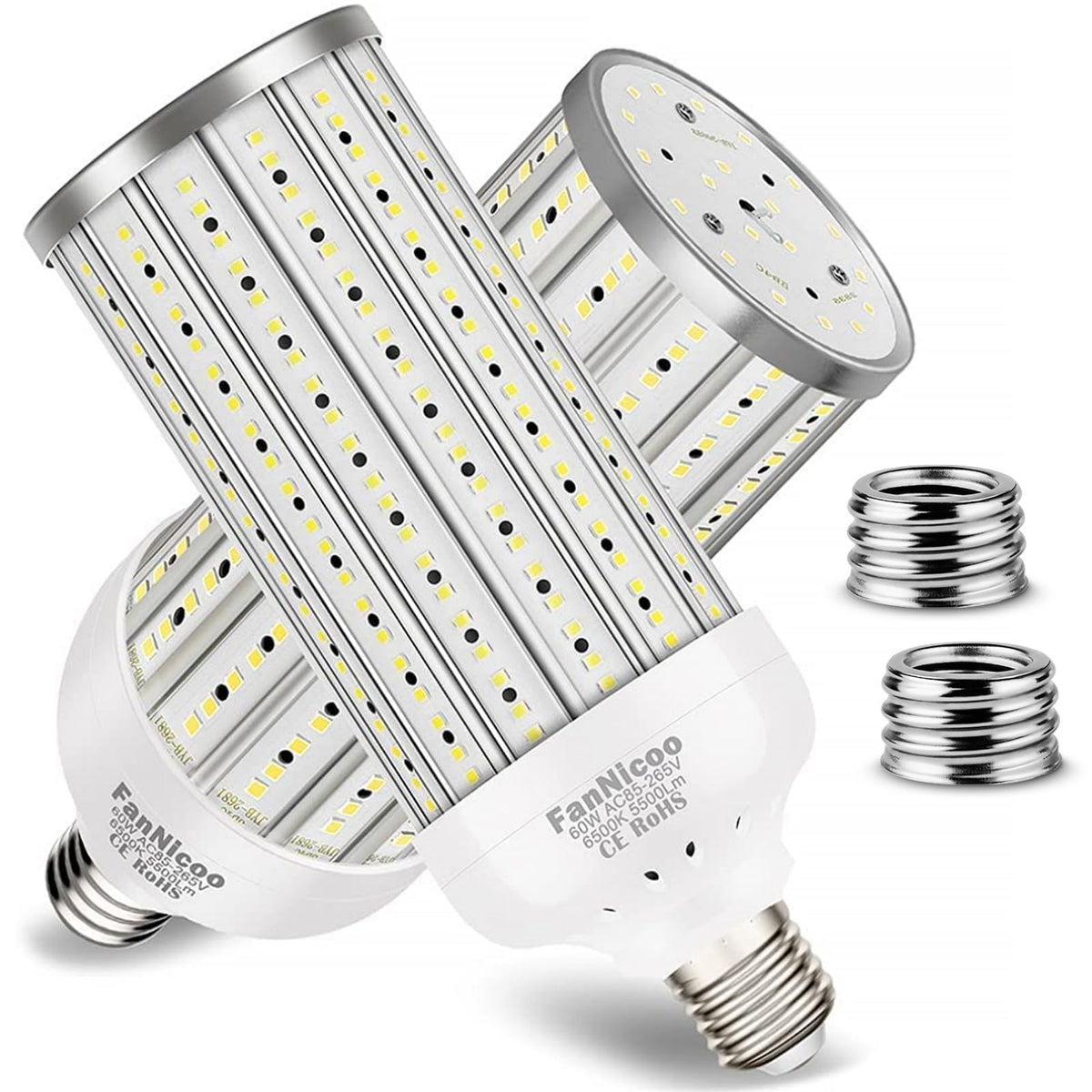 FanNicoo 2-pack LED corn bulbs illuminate large spaces with bright 5500 lumens.