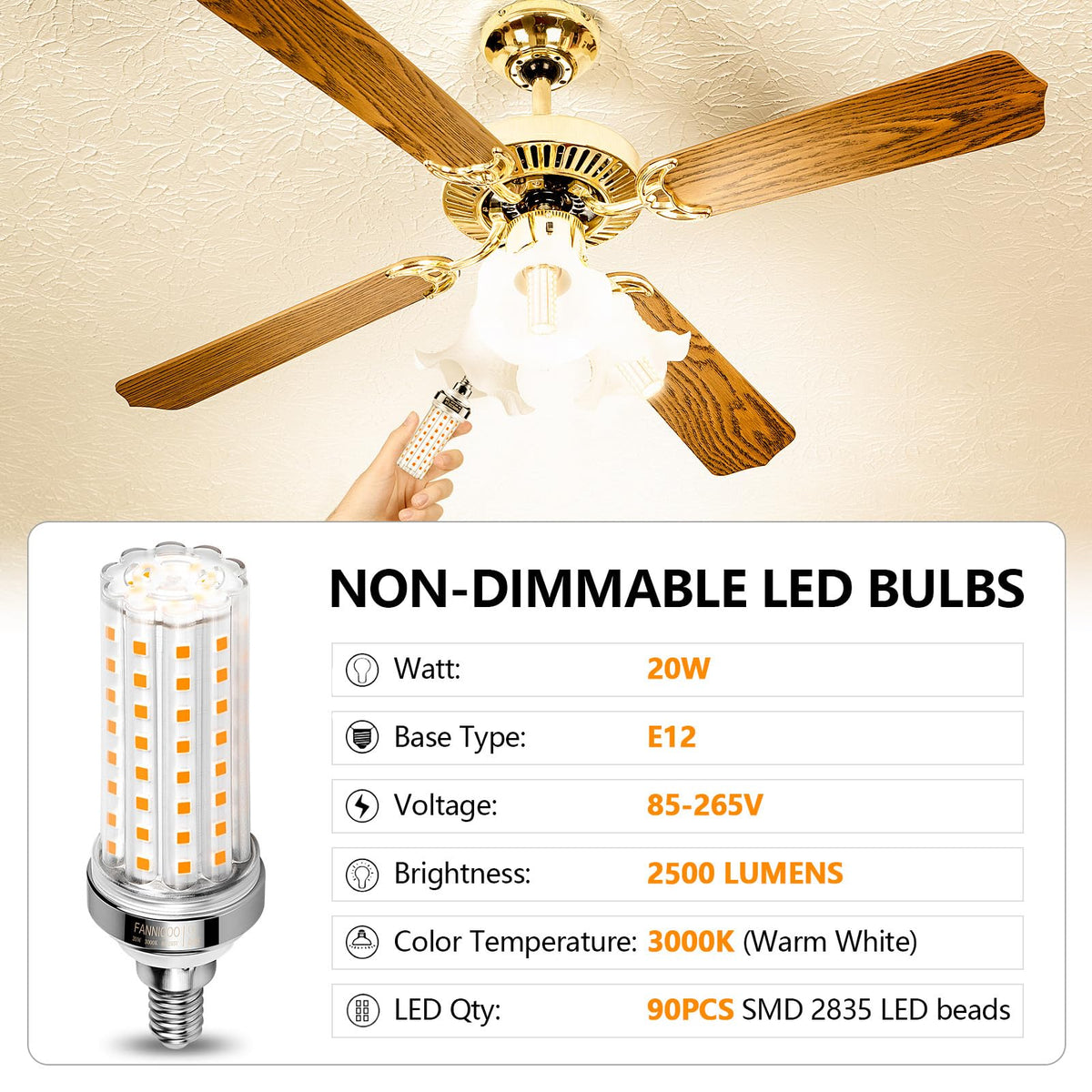 FanNicoo E12 LED corn bulb 150W-equivalent brightens living rooms.