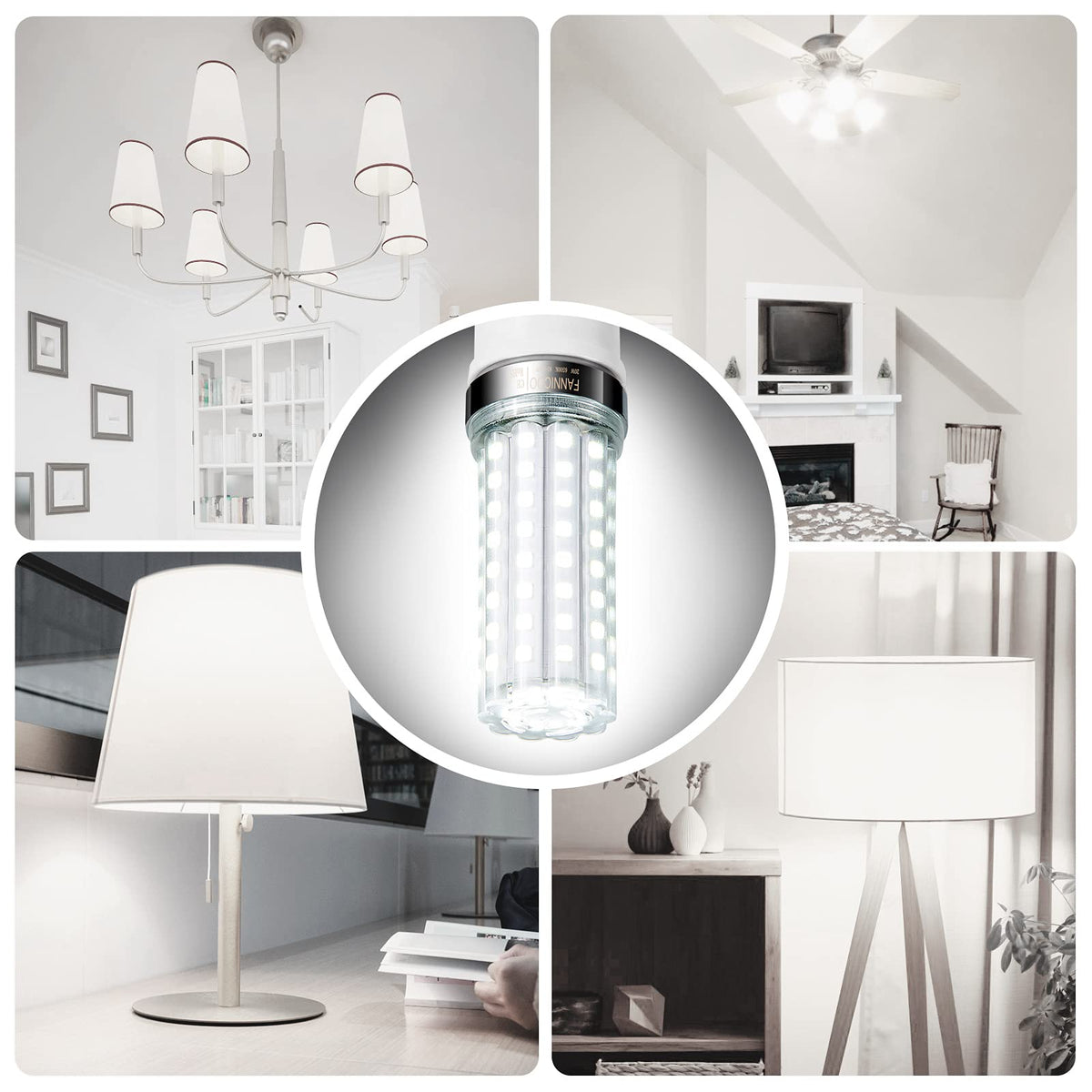 FanNicoo E12 LED corn bulb highlights energy-saving lighting benefits at home.