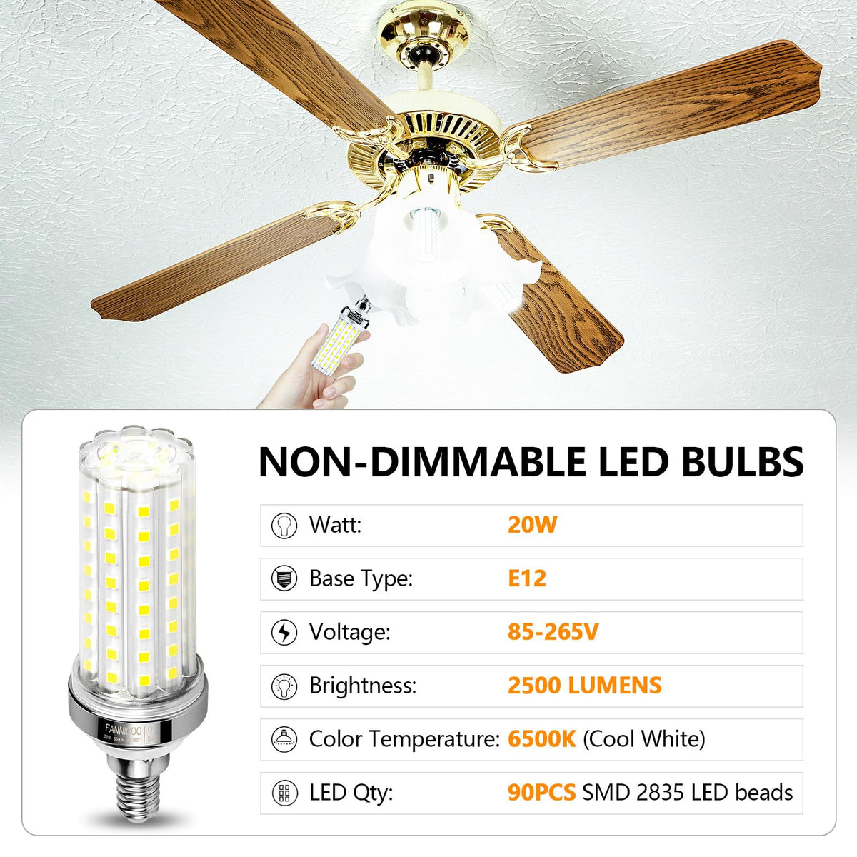 FanNicoo E12 LED corn bulb installed in a ceiling fixture for broad lighting.