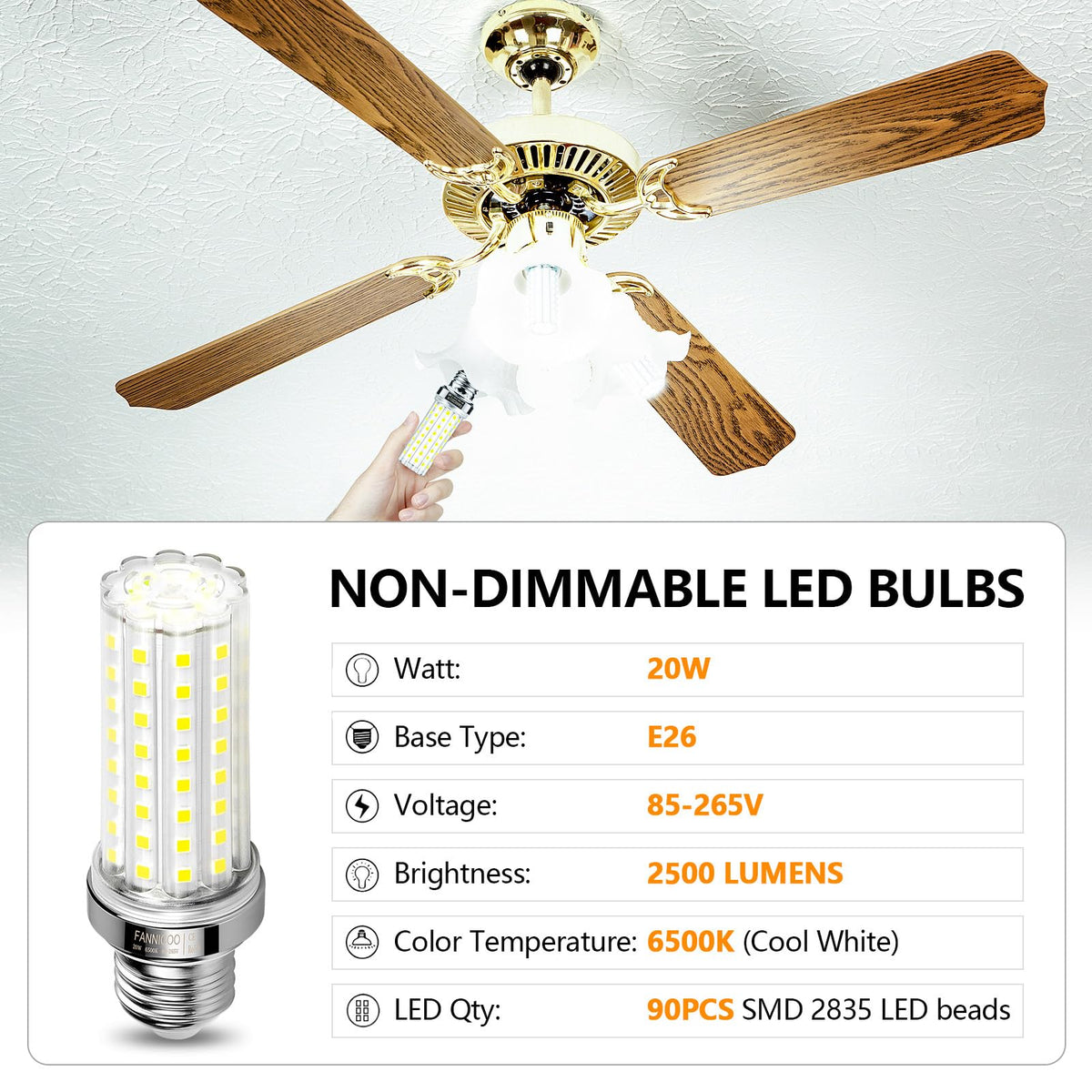 FanNicoo LED corn light delivers broad 360-degree illumination for any room.