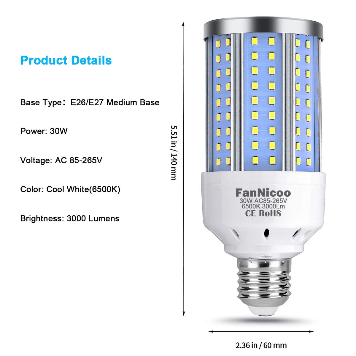 FanNicoo corn light with E26/E27 base for easy replacement