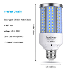 FanNicoo corn light with E26/E27 base for easy replacement