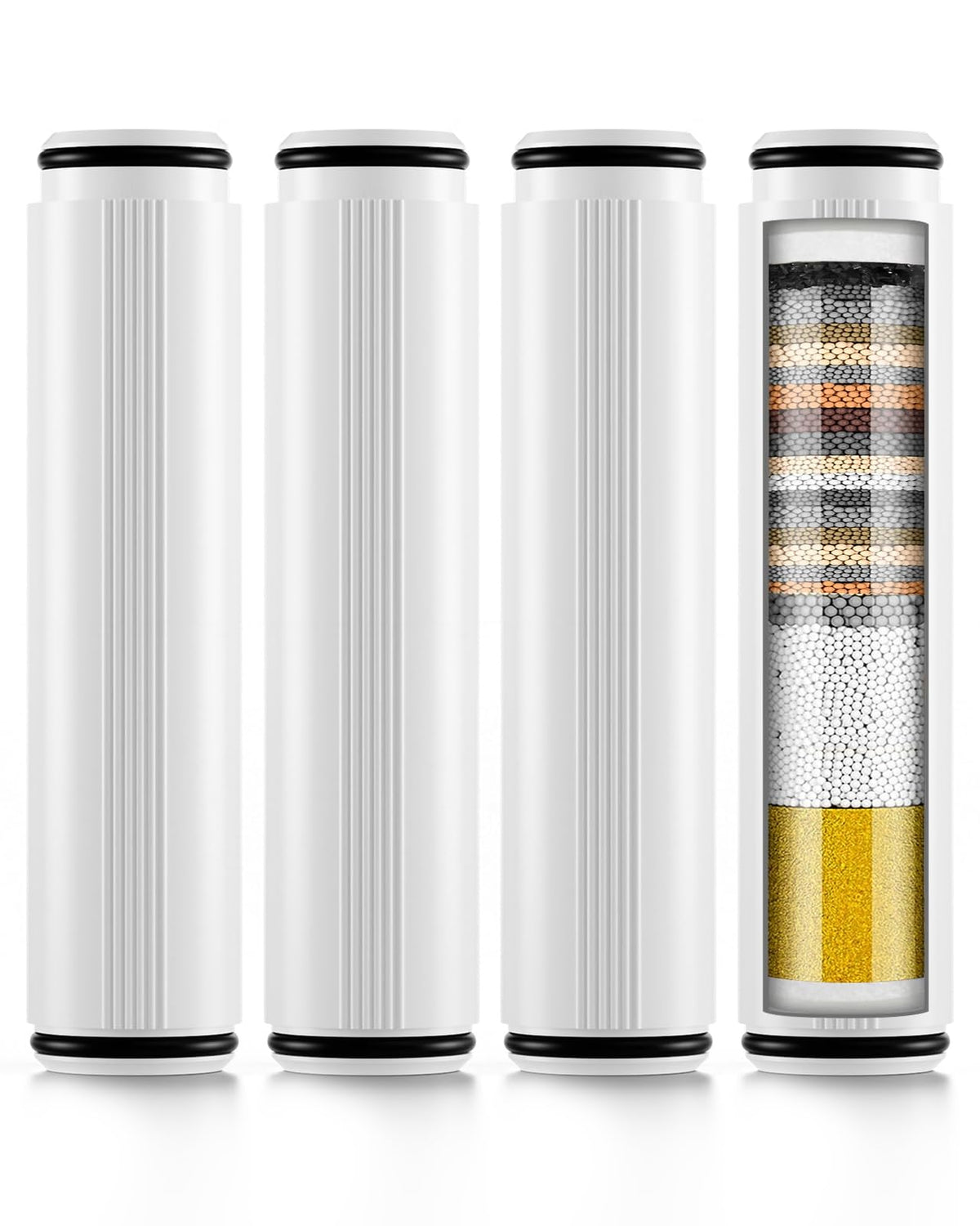 FanpBow 4-pack filter-media close-up with KDF-55 and carbon for cleaner water