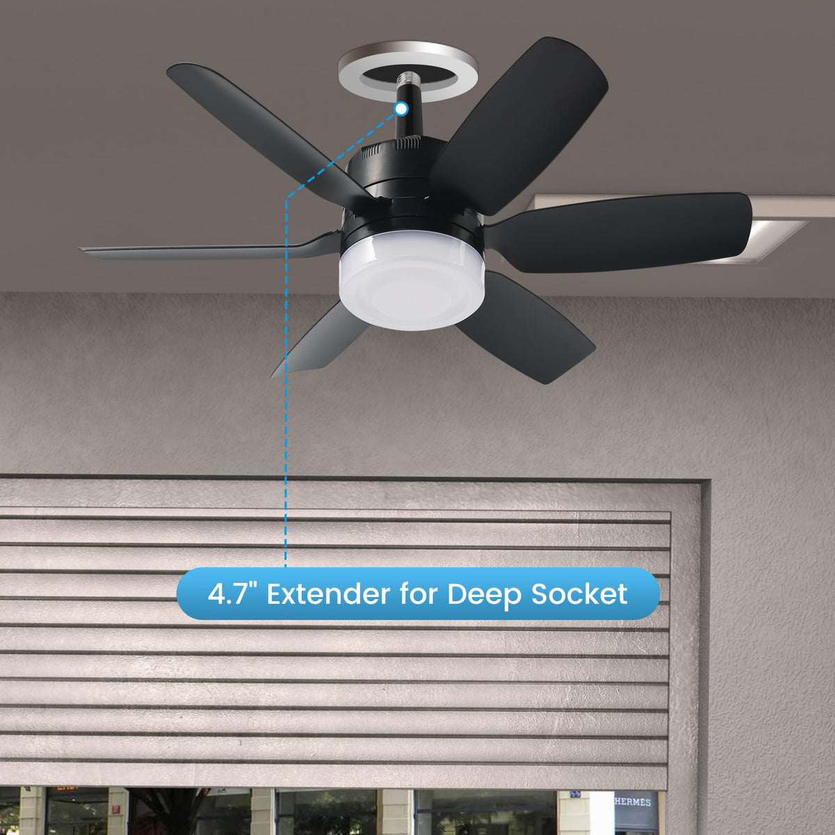 Fanspex black ceiling fan with LEDs seen from the side