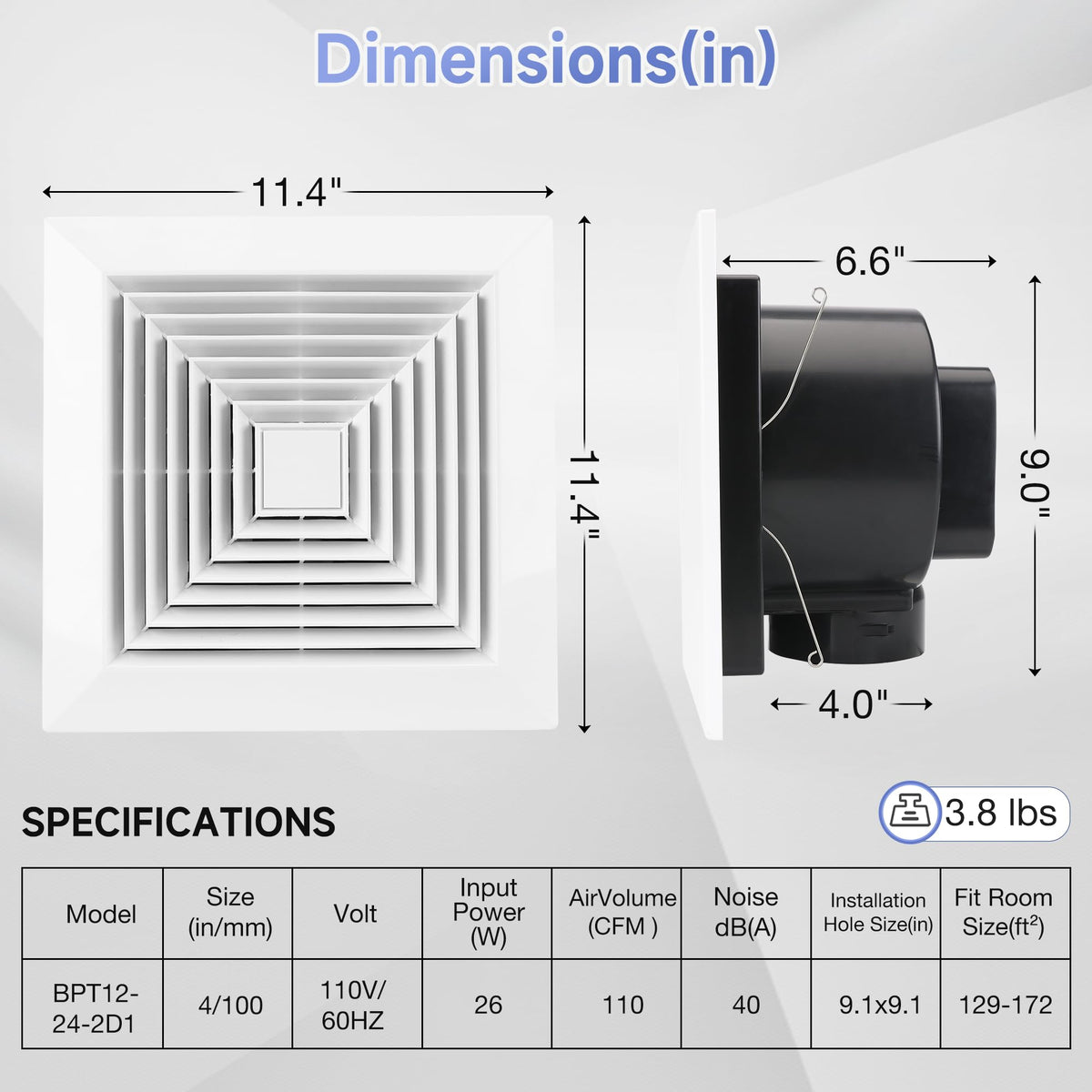 Fanspex housing dimensions for installation fit in ceiling cavity.