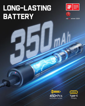 Built-in 350mAh battery powers multiple screw tasks