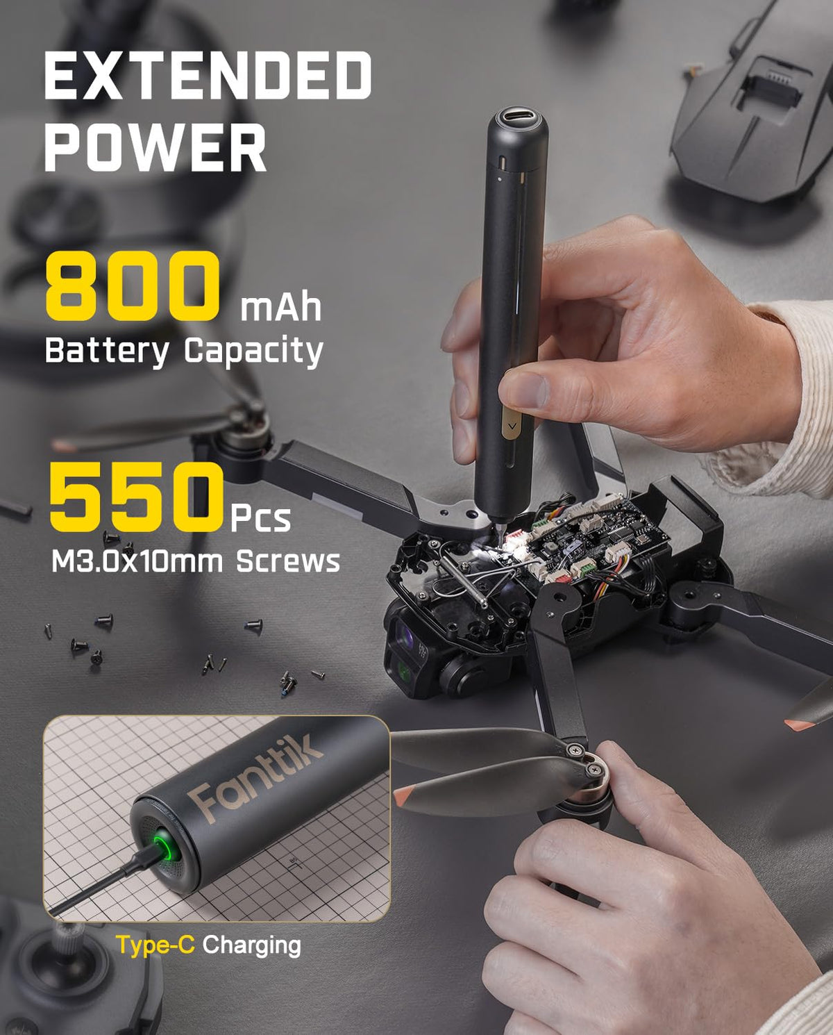 Fanttik E2 Ultra 800mAh battery extends cordless repair sessions.