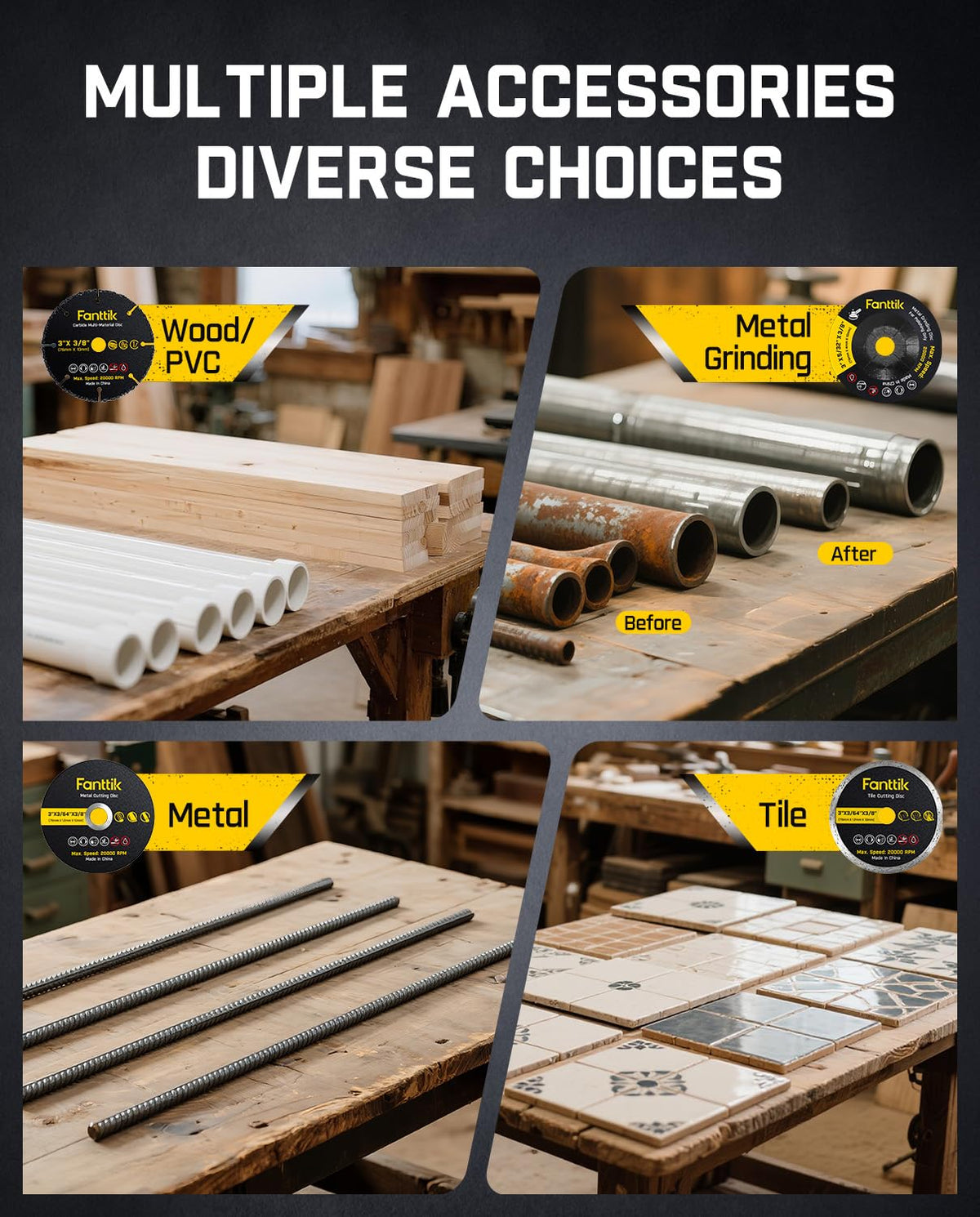 Fanttik M10 ACE includes four blades for wood, metal, tile, and diamond tasks.