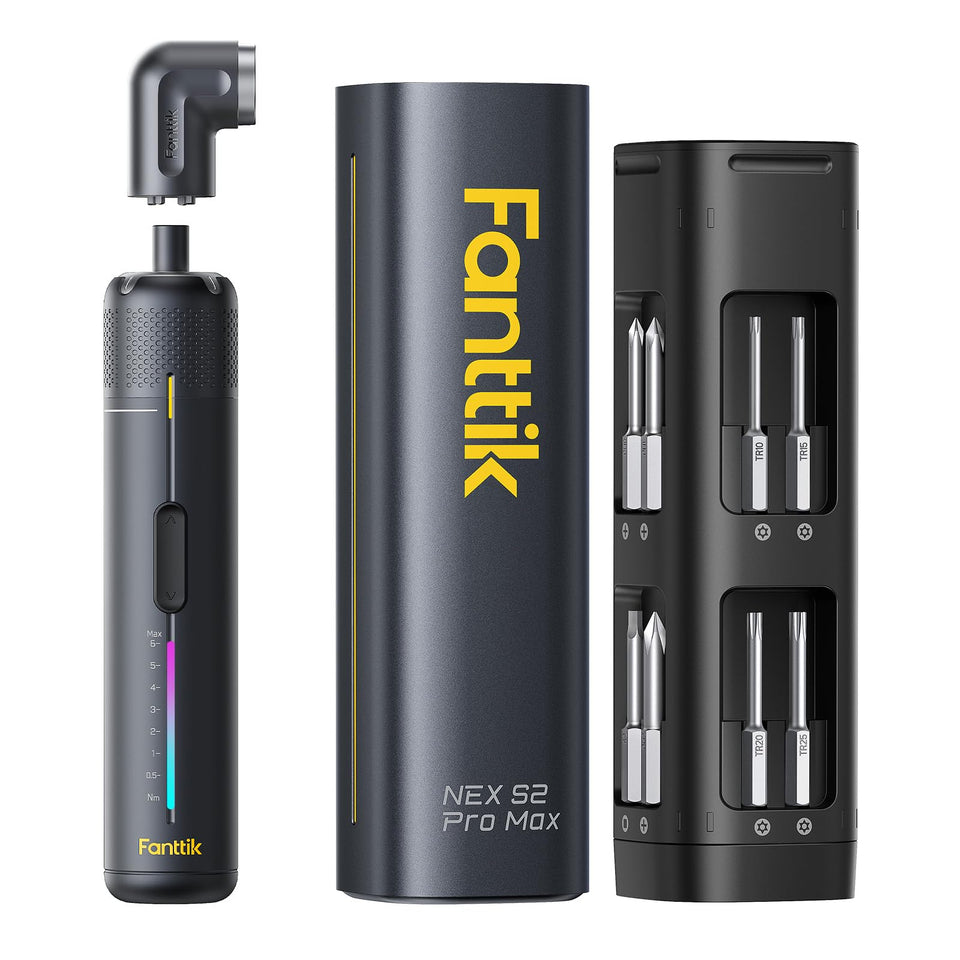 Fanttik S2 Pro Max with 90-degree angle adapter for tight-space screws.