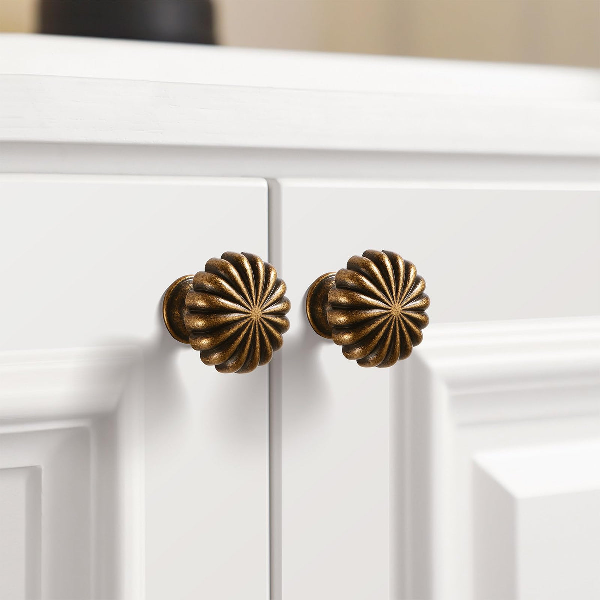 FAPUAL knob on cabinet with soft patina and floral motif